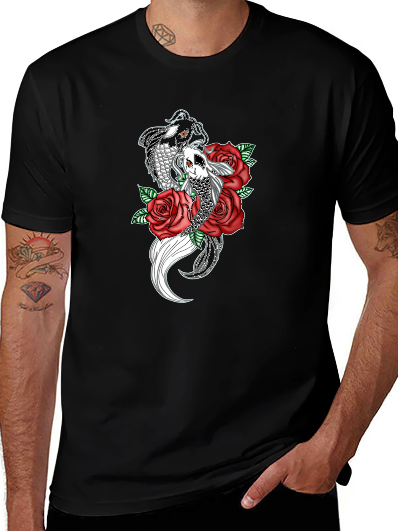 Variant 25 of Koi Fish & Roses Graphic Black T-Shirt