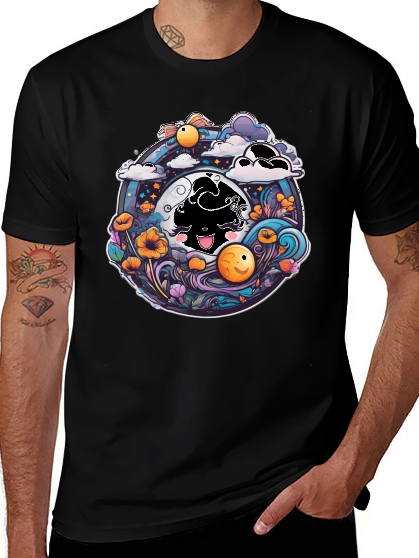 Variant 5 of Whimsical Moon Character Black Tee