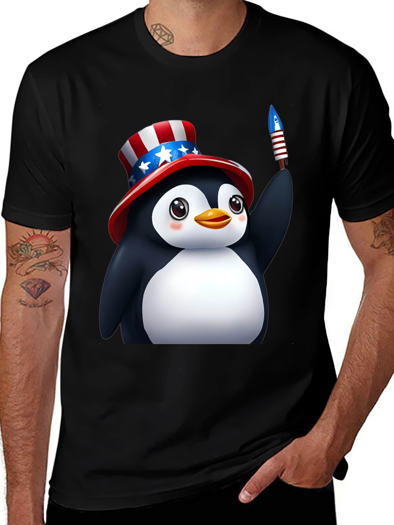 Patriotic Penguin T-Shirt - USA Hat & Rocket