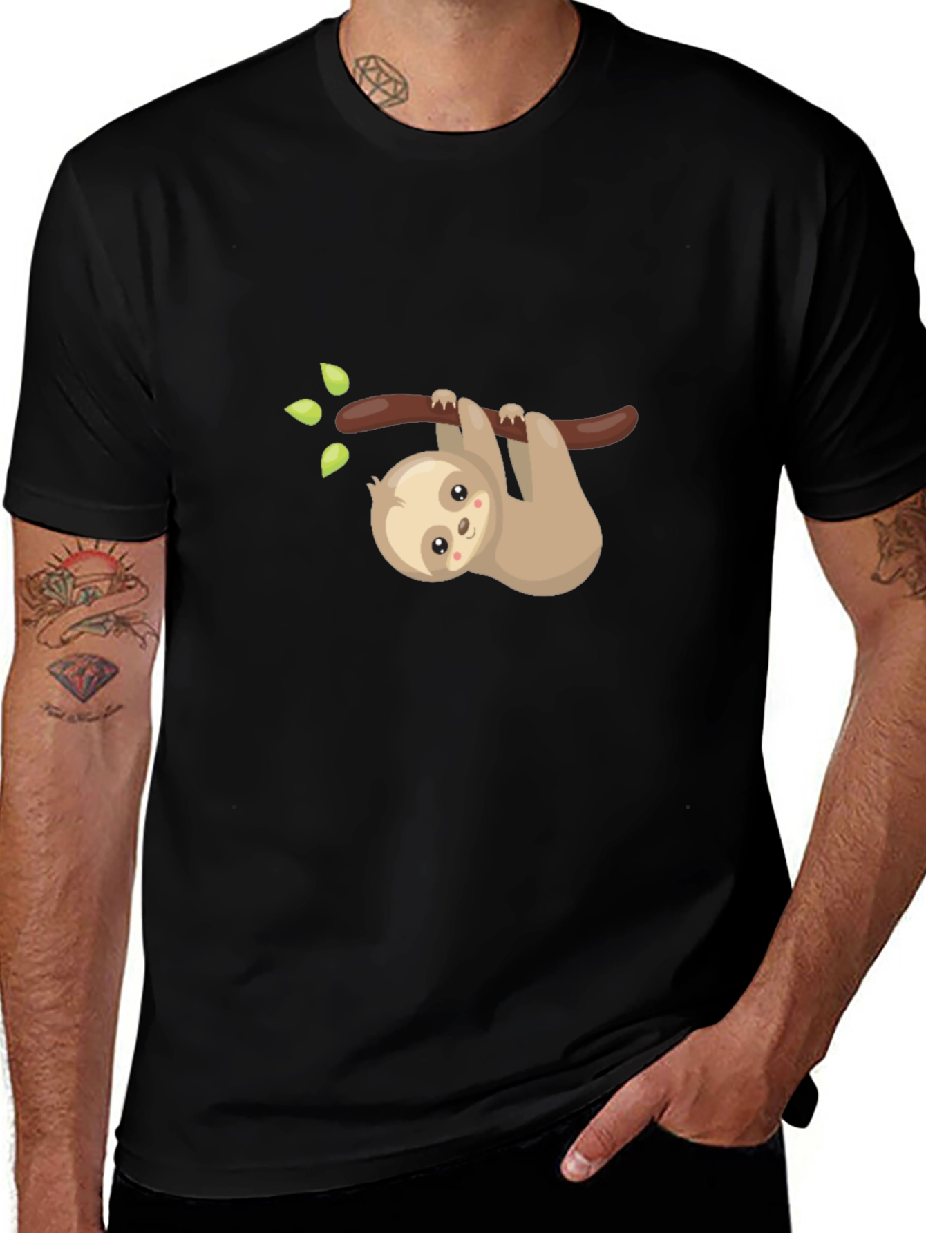 Variant 30 of Cute Sloth On Branch Graphic Tee - Black Cotton