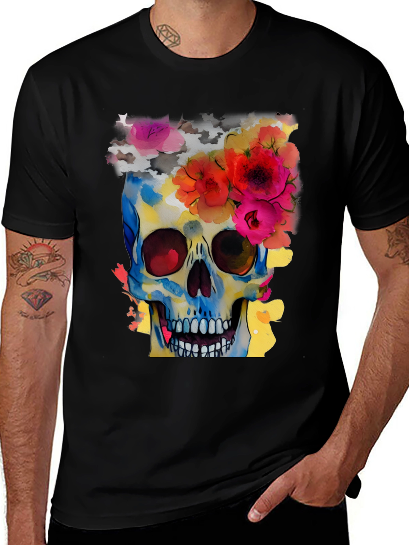 Variant 29 of Floral Skull Graphic Tee - Men's Black T-Shirt