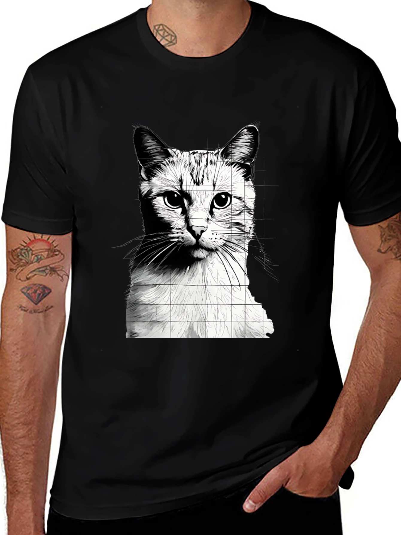 Variant 27 of Cat Grid Graphic Tee - Stylish Black T-Shirt