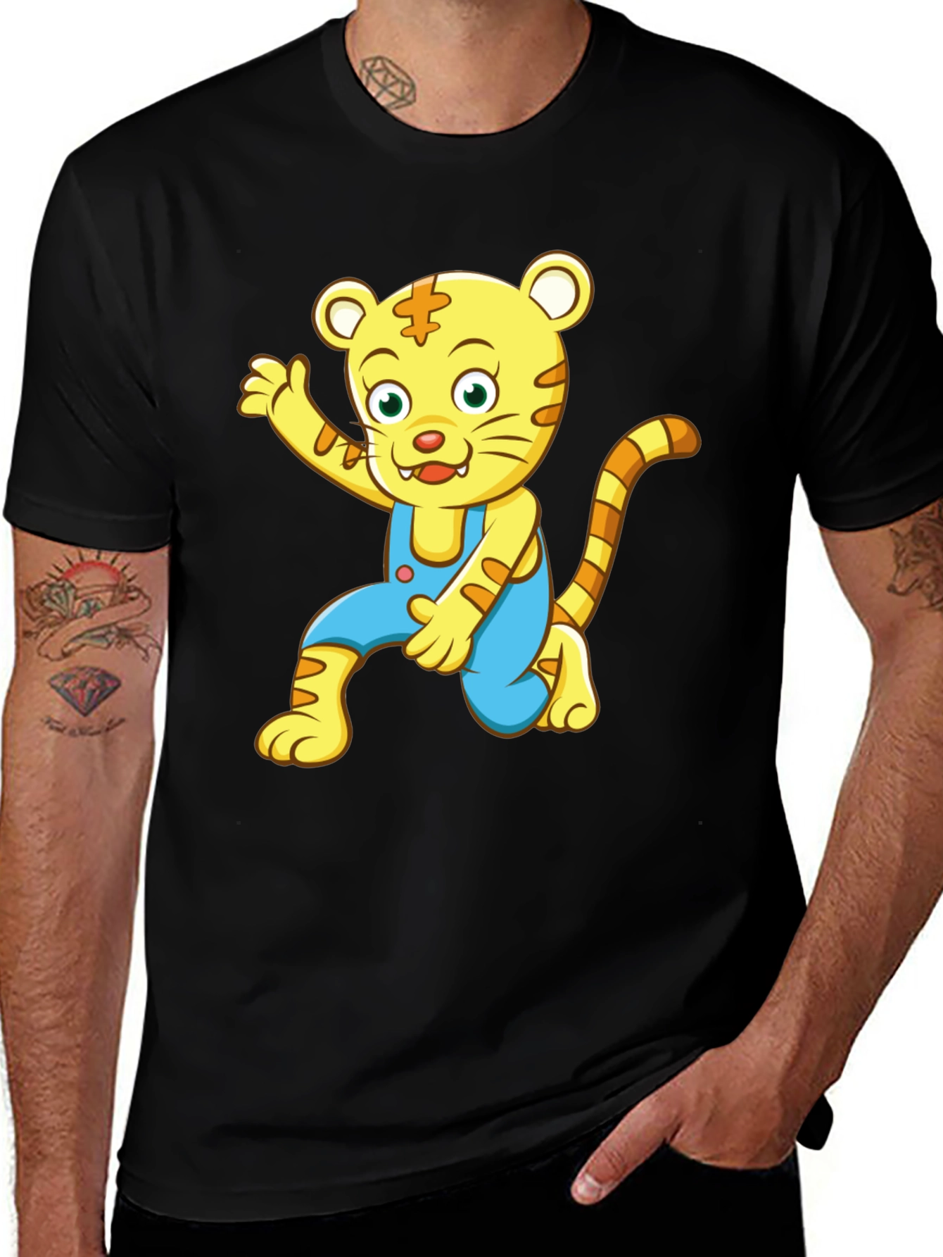 Variant 2 of Cartoon Tiger Graphic Tee - Men's Black T-Shirt
