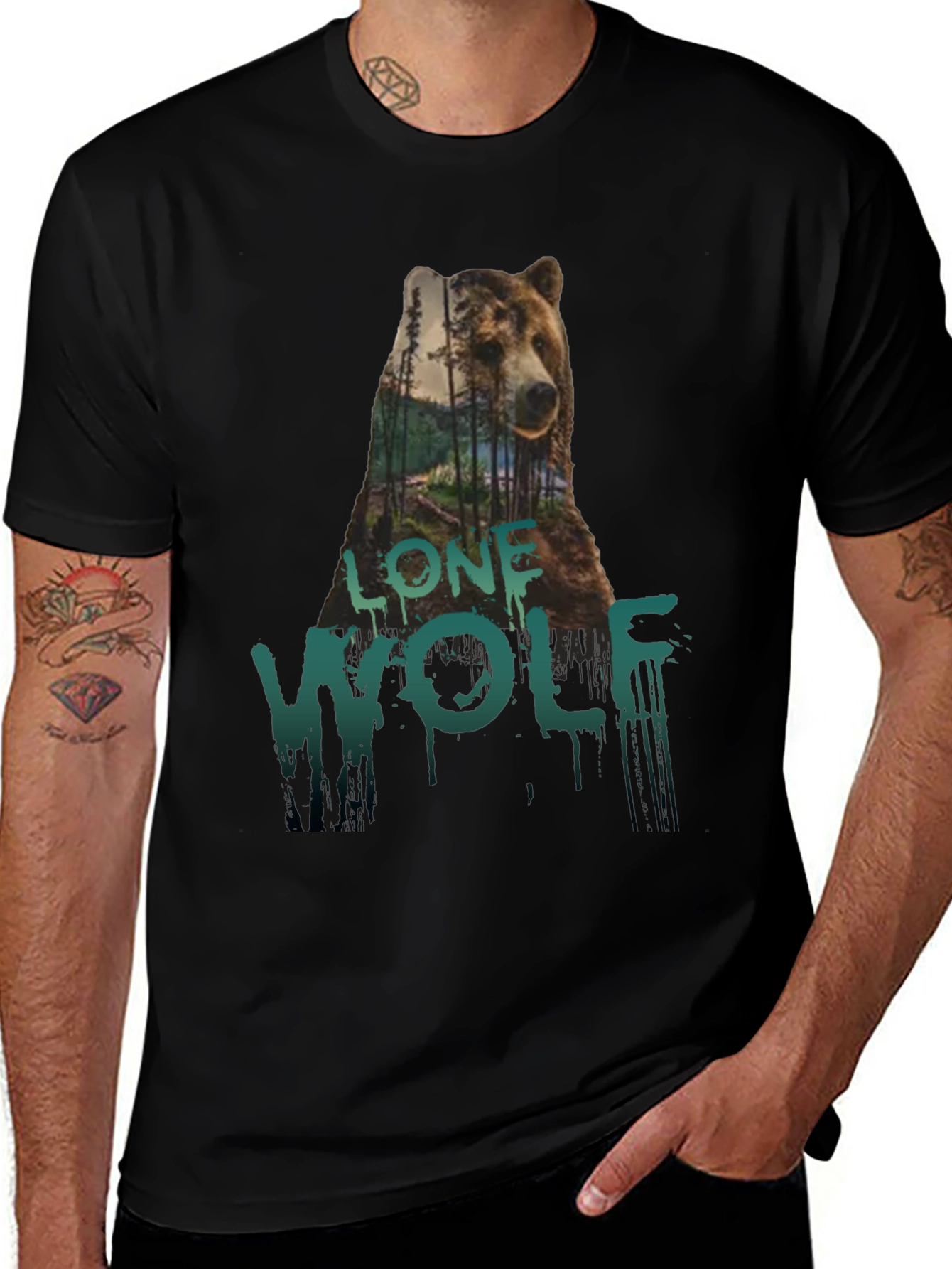 Variant 18 of Lone Wolf Bear Graphic Tee - Black Cotton T-Shirt