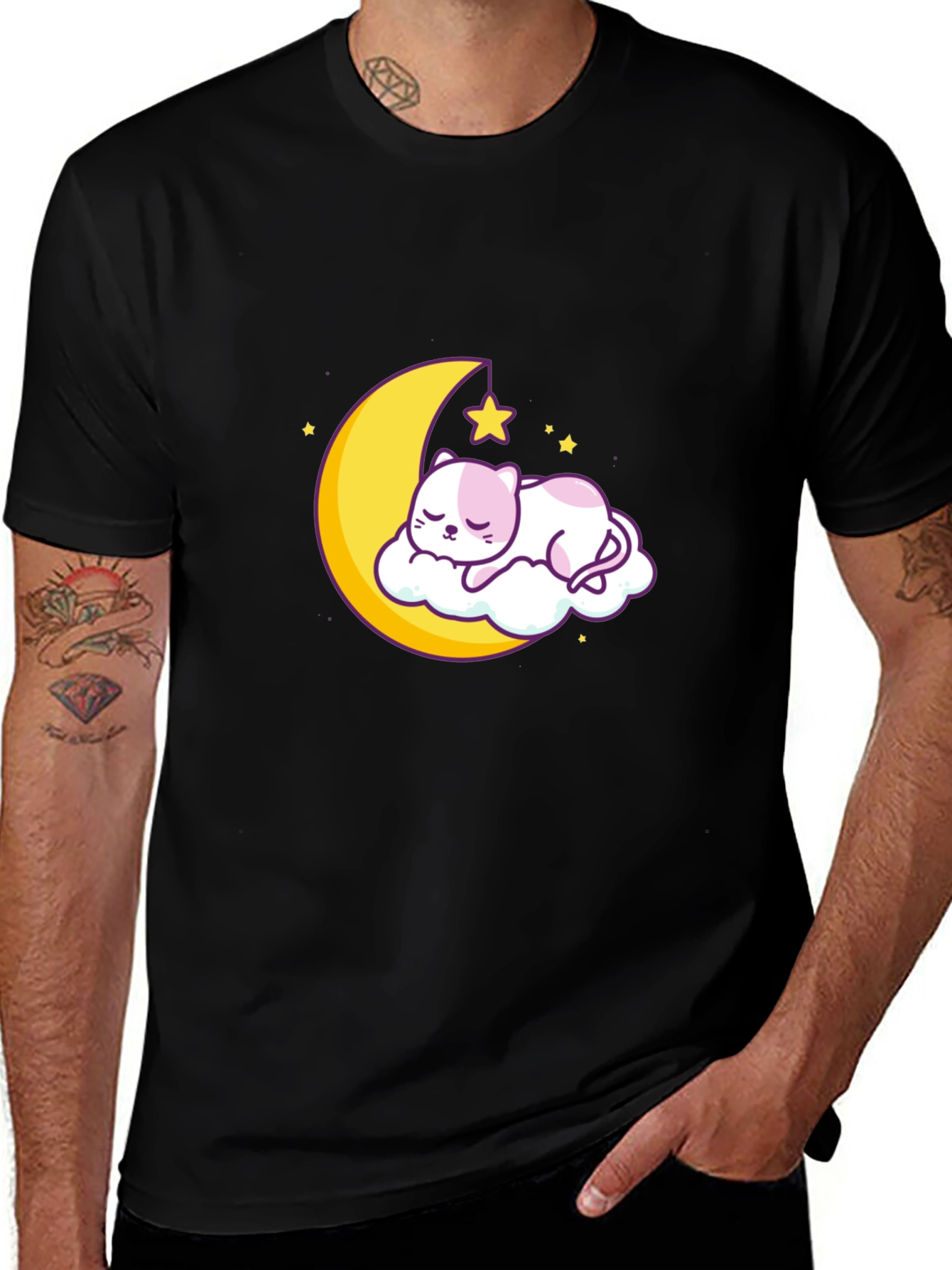 Variant 7 of Cute Moon Cat Graphic Tee - Black Cotton T-Shirt