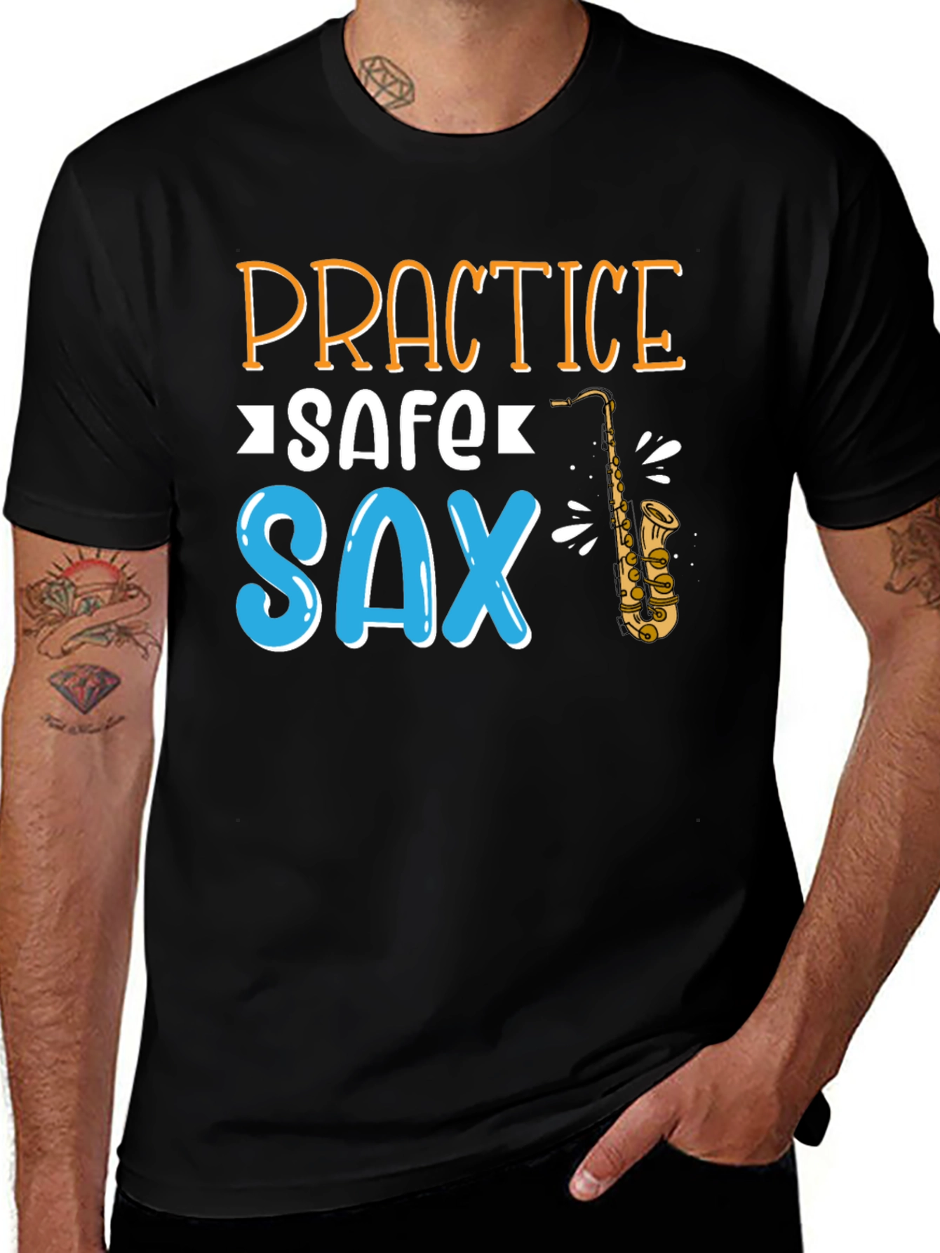 Variant 9 of Practice Safe Sax T-Shirt - Black Cotton Tee