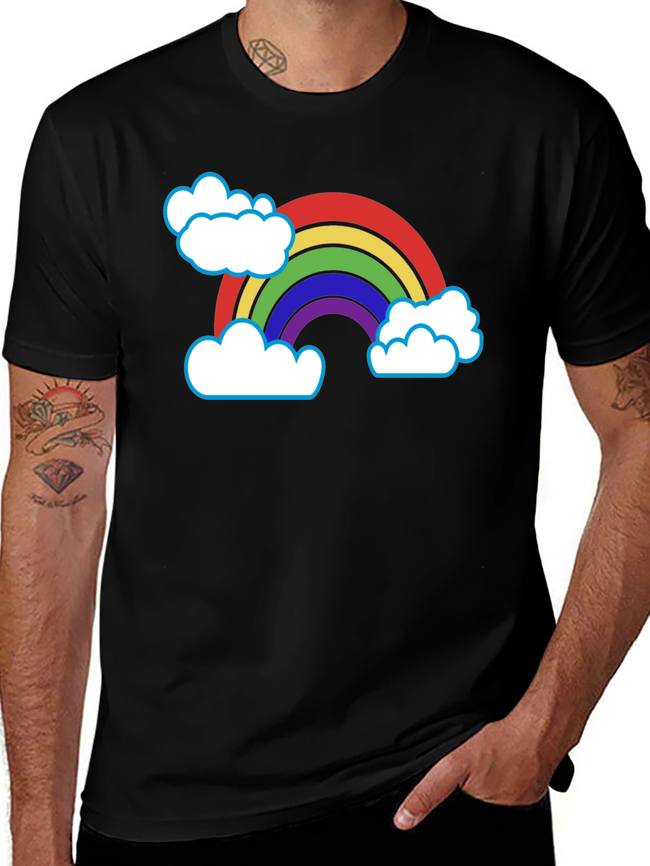 Black Rainbow & Clouds Graphic T-Shirt - Black Cotton Blend main image