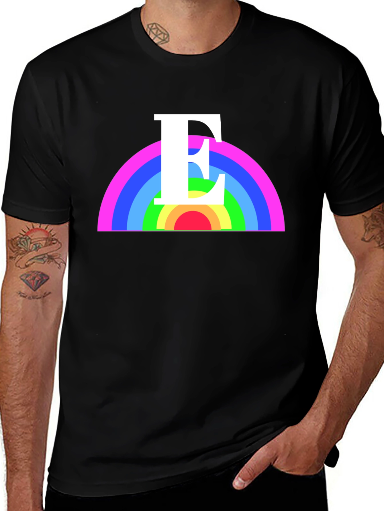 Rainbow Initial E T-Shirt - Black Graphic Tee