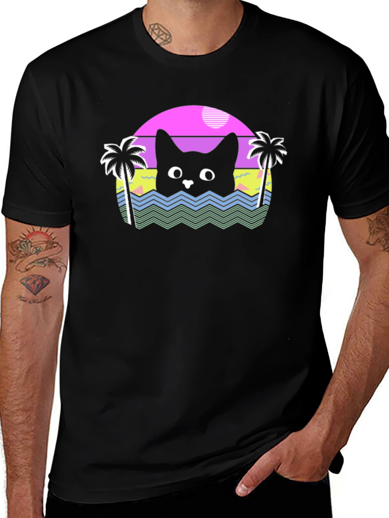Variant 6 of Retro Cat Beach T-Shirt - Black