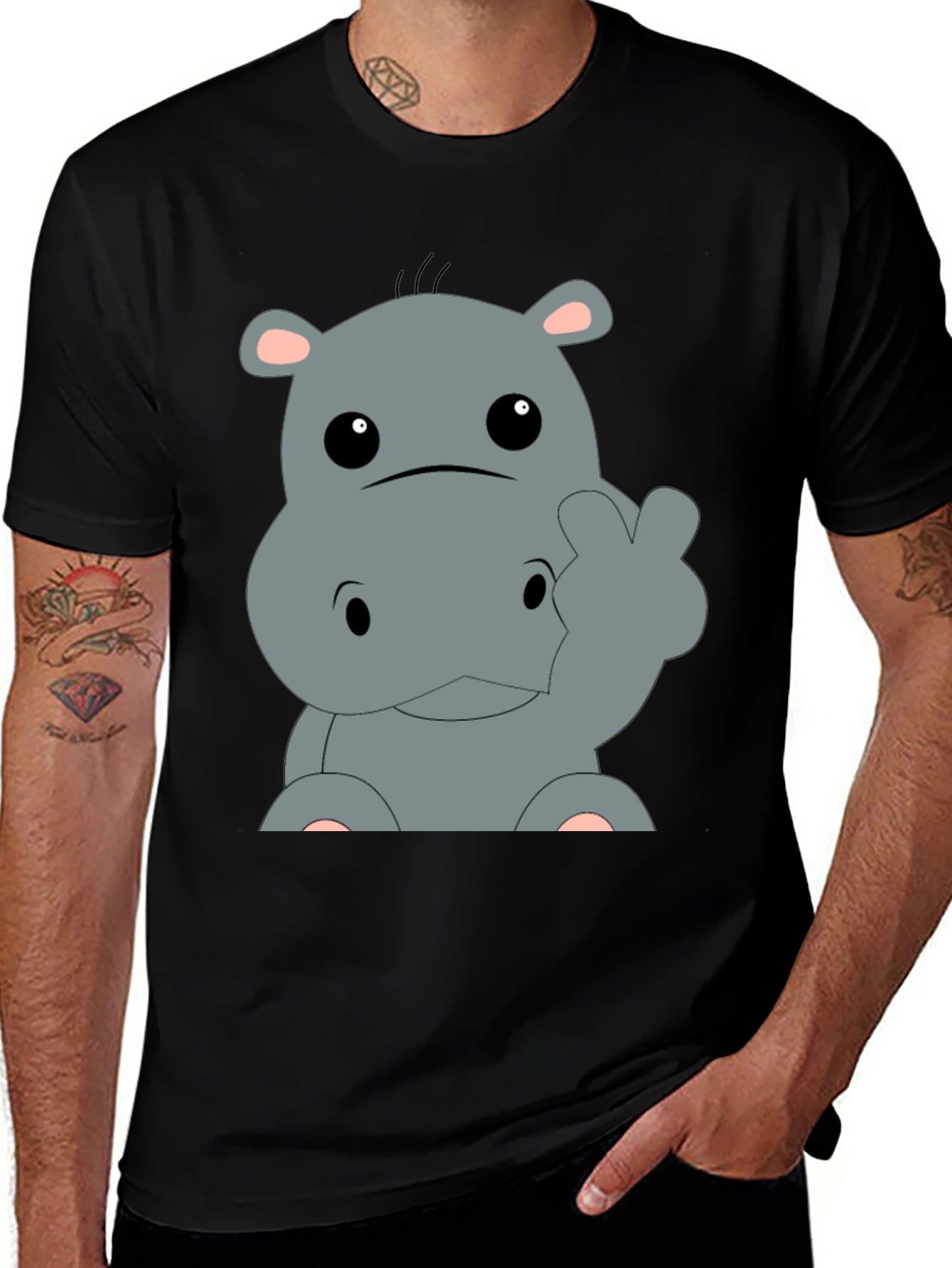 Variant 9 of Cute Hippo Cartoon Graphic Tee - Black
