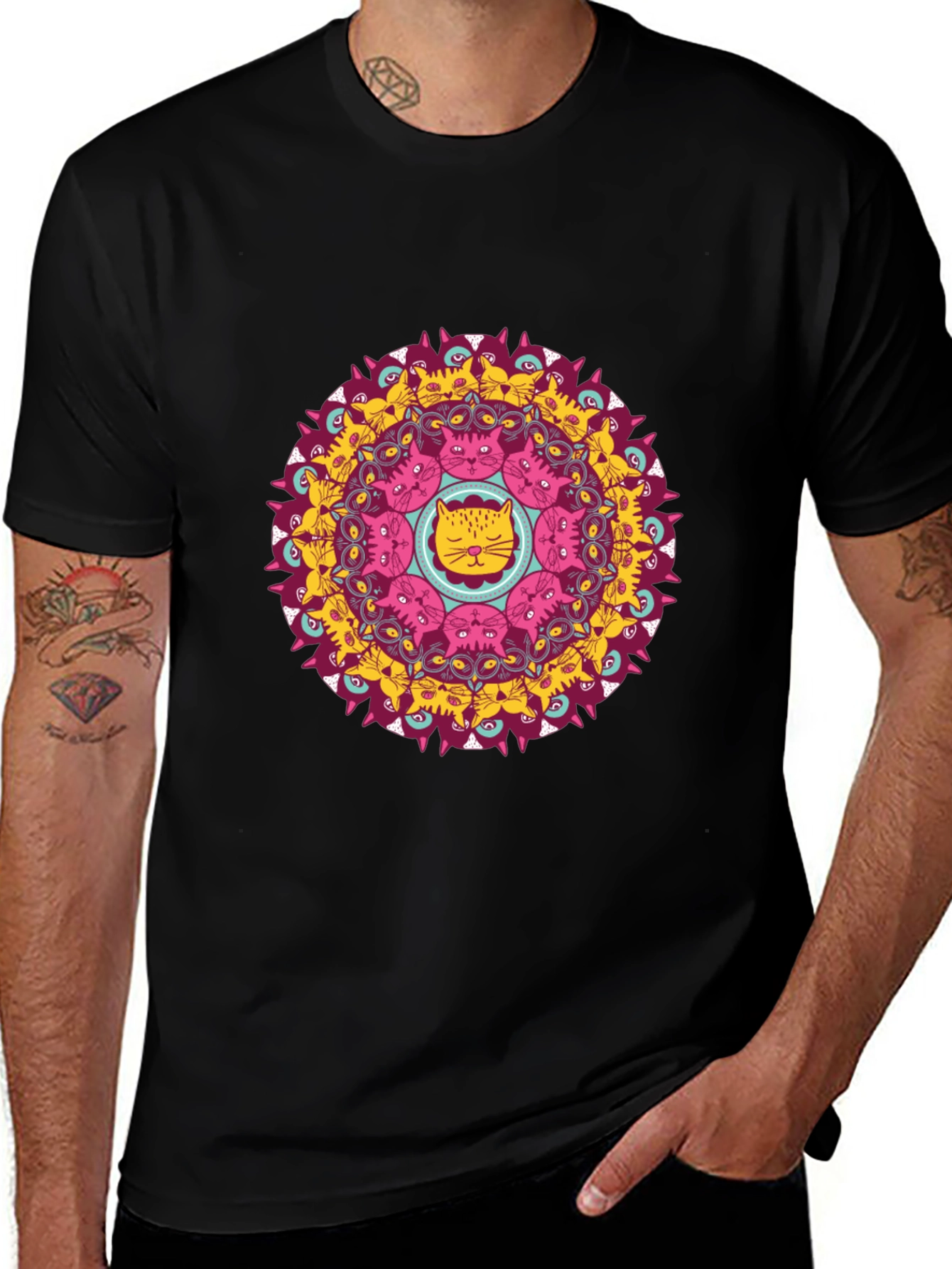 Variant 5 of Cat Mandala Graphic T-Shirt - Black