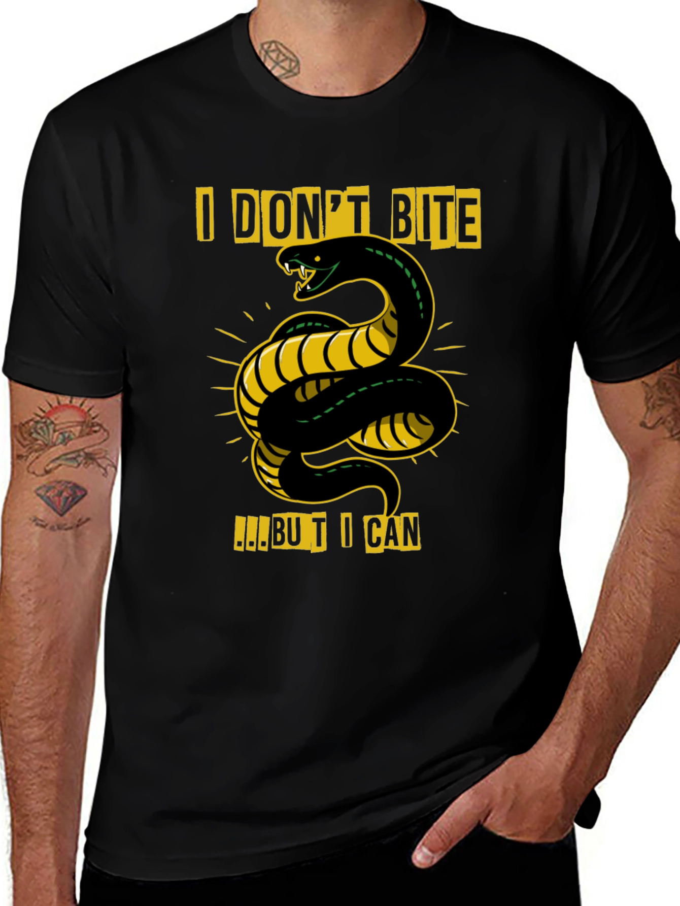 Variant 11 of I Don't Bite Snake Print Black T-Shirt