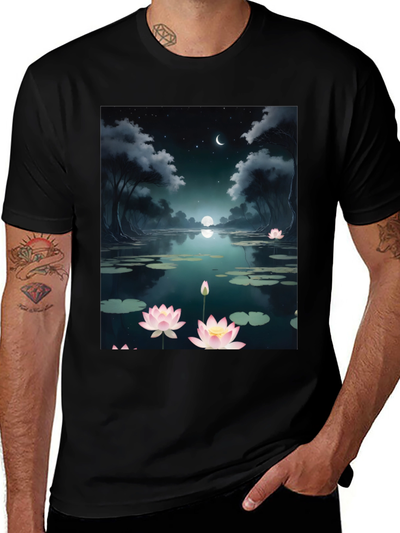 Variant 16 of Lotus Pond Graphic Tee - Serene Night Design