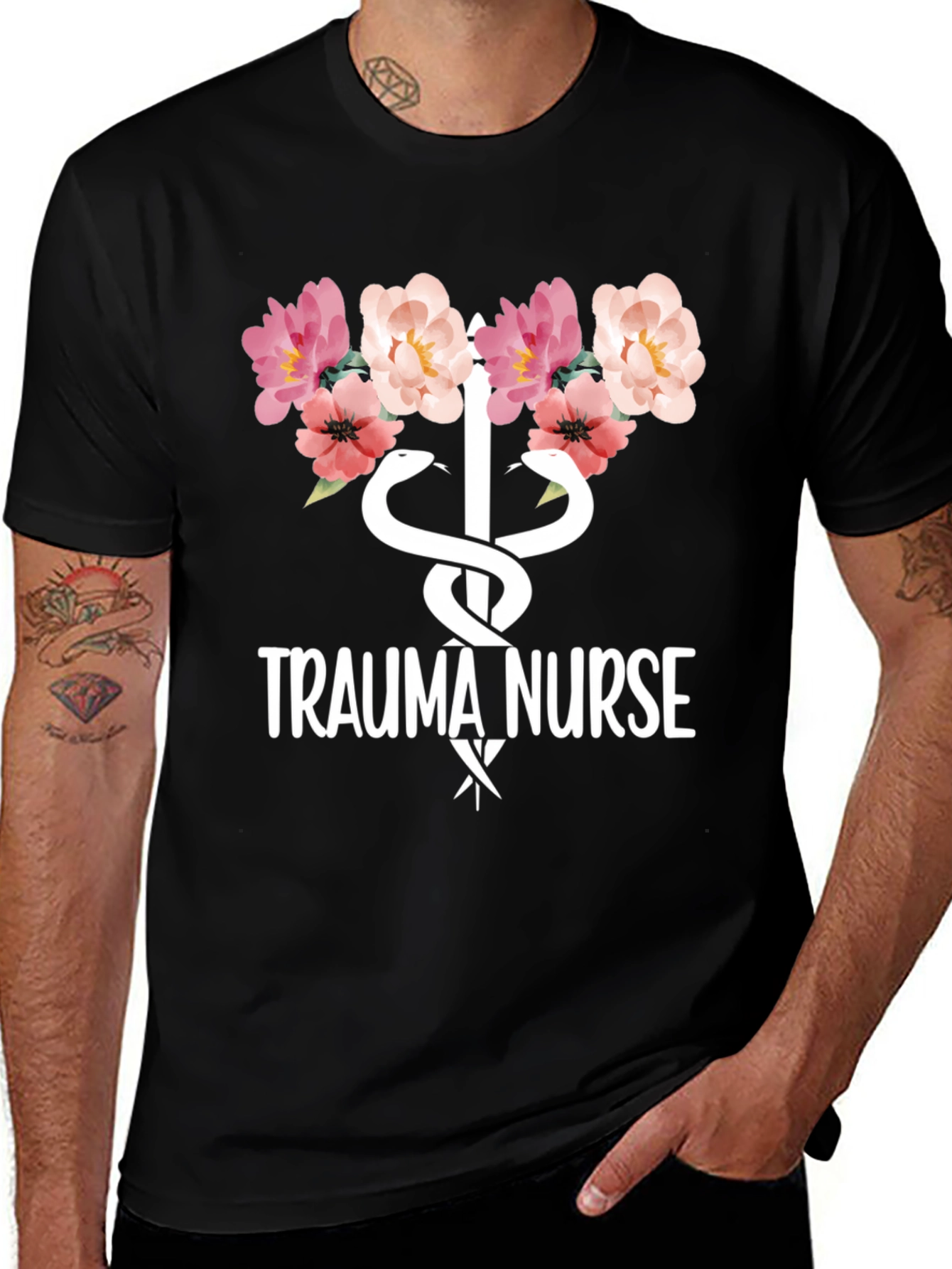 Black Trauma Nurse Floral Graphic Tee - Medical Apparel main image