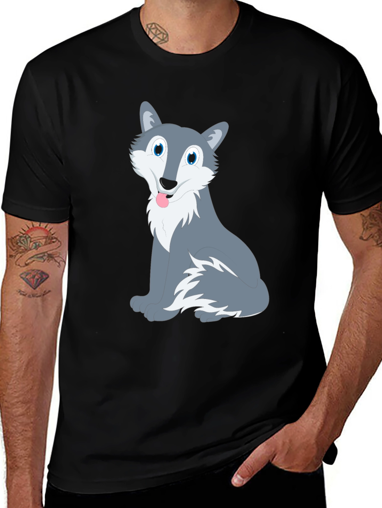 Variant 28 of Cute Cartoon Wolf Graphic T-Shirt - Black