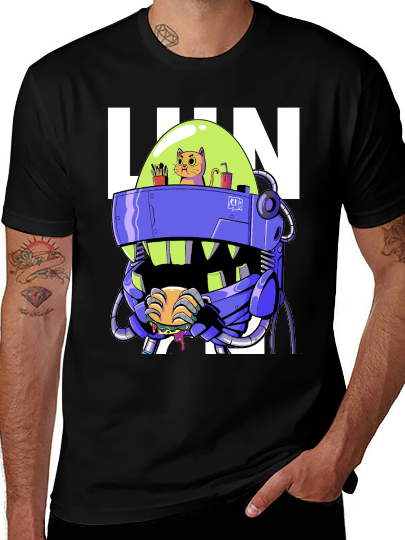 Variant 12 of Fun Cartoon Robot Cat Black T-Shirt