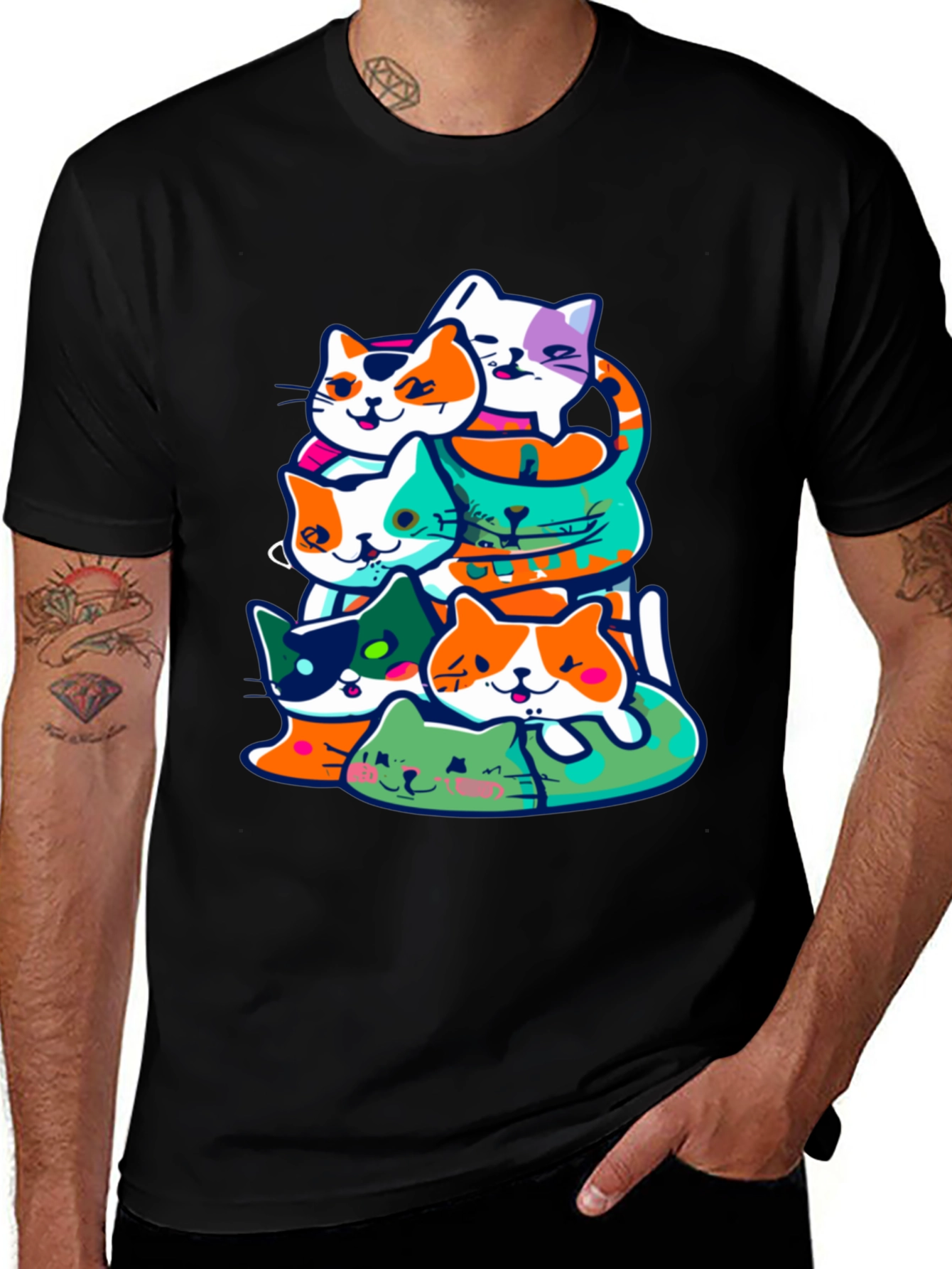 Variant 16 of Cartoon Cat Pile Black T-Shirt