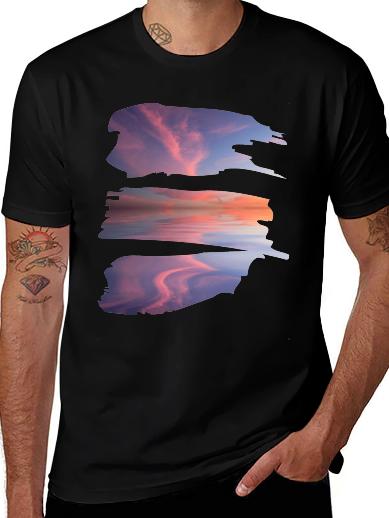 Variant 16 of Sunset Reflection Graphic Tee - Black Cotton Blend