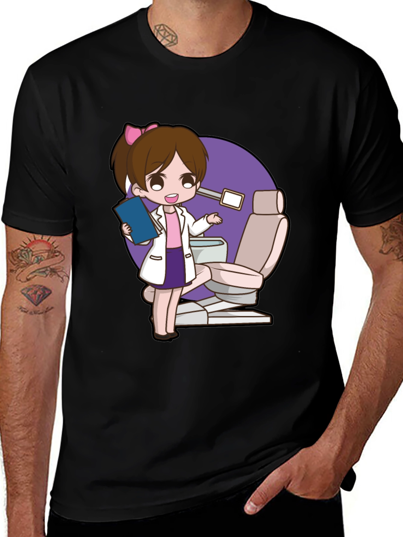 Variant 5 of Cute Dentist Cartoon Graphic Tee - Black T-Shirt