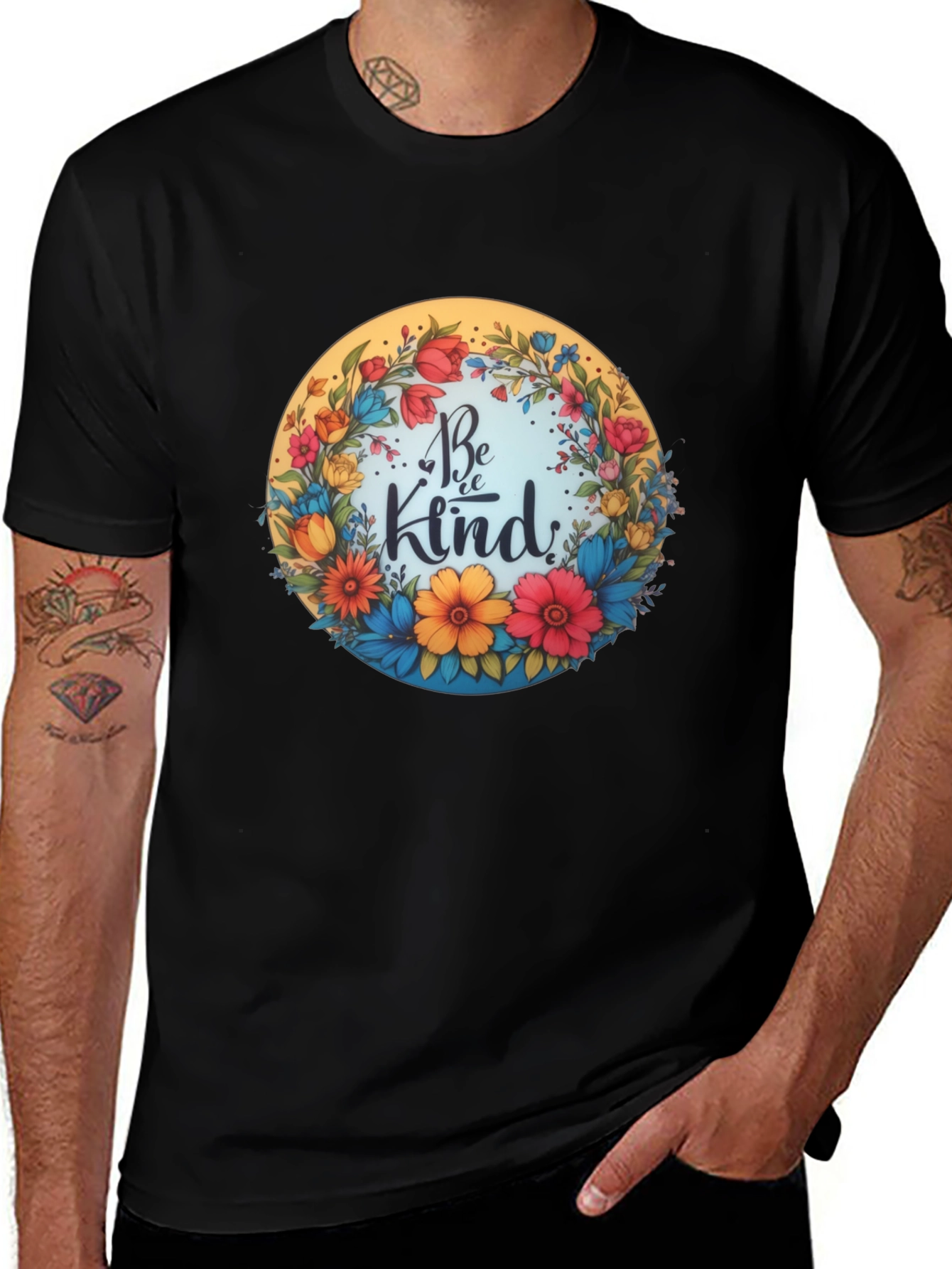 Variant 7 of Be Kind Floral Wreath Graphic Tee - Black