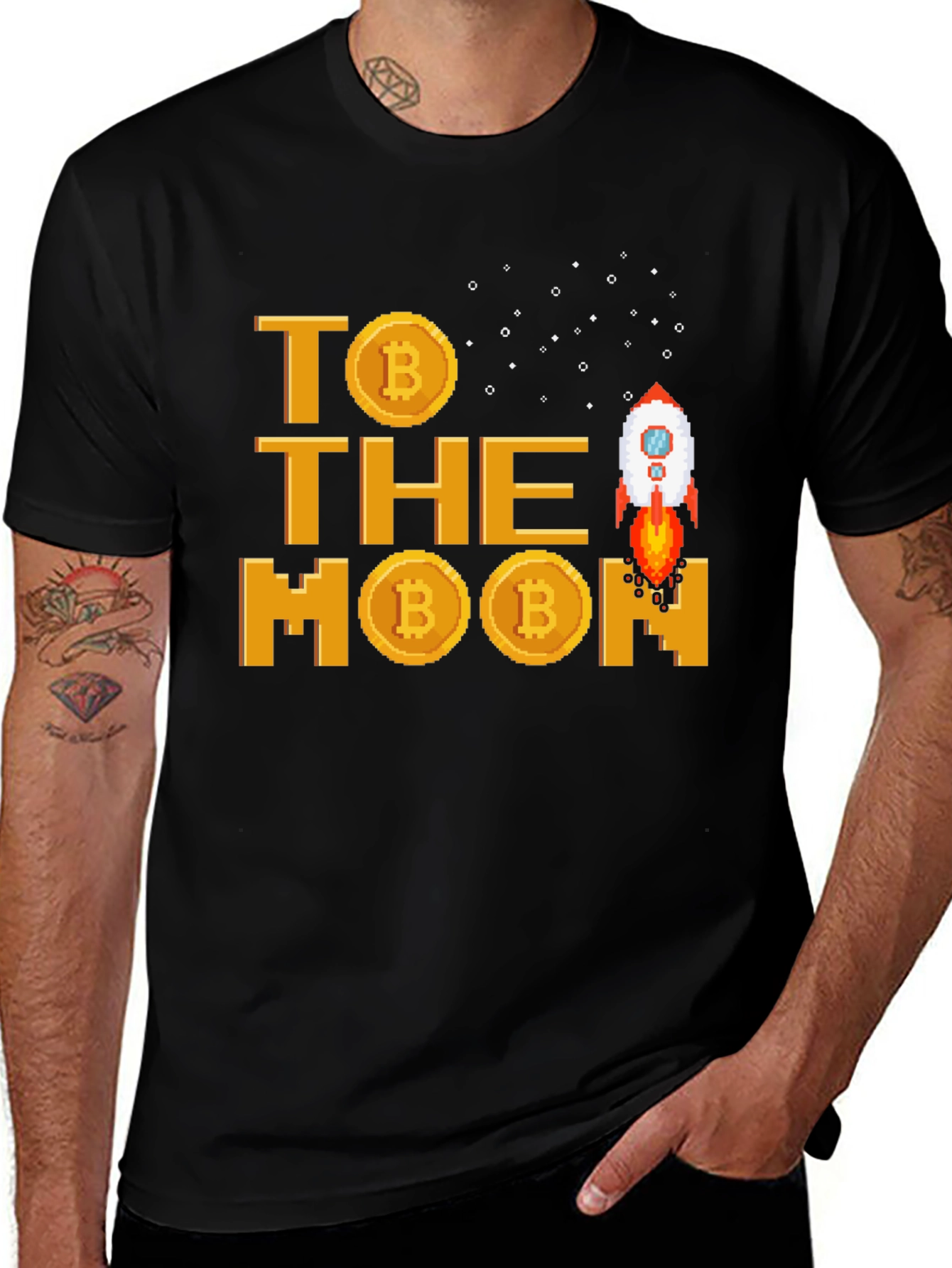 Bitcoin Crypto Rocket to the Moon Black T-Shirt