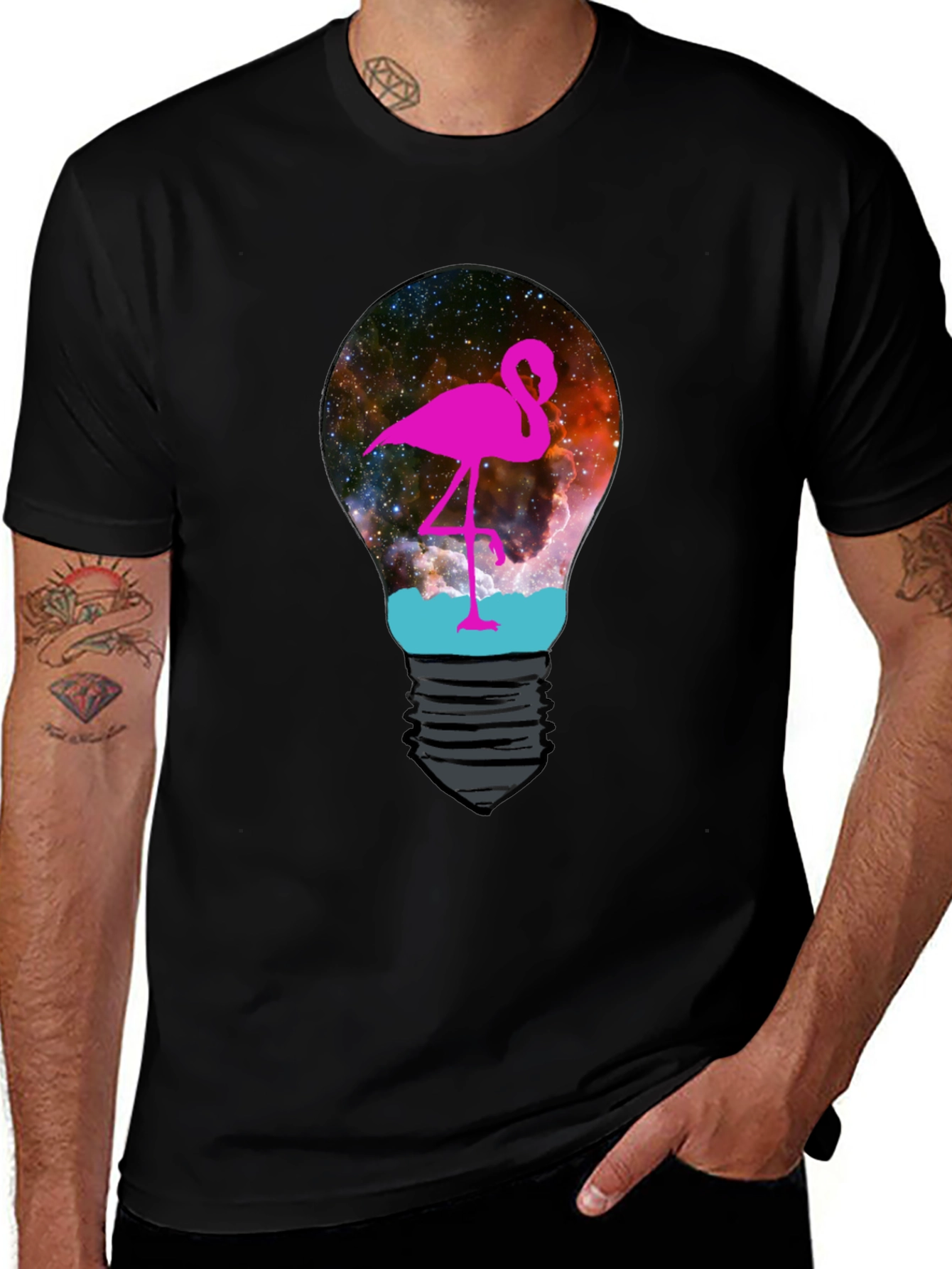 Variant 11 of Flamingo Light Bulb Graphic Tee - Men's Black T-Shirt