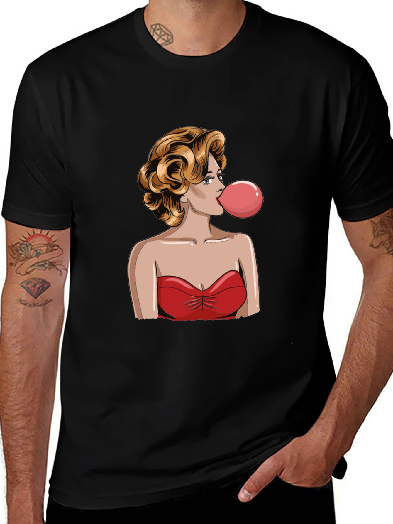 Variant 28 of Retro Bubble Gum Girl Graphic Tee - Classic Black T-Shirt