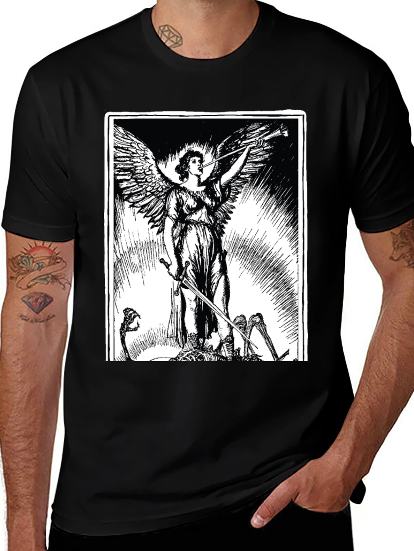 Variant 27 of Angel with Sword Graphic Print Black T-Shirt