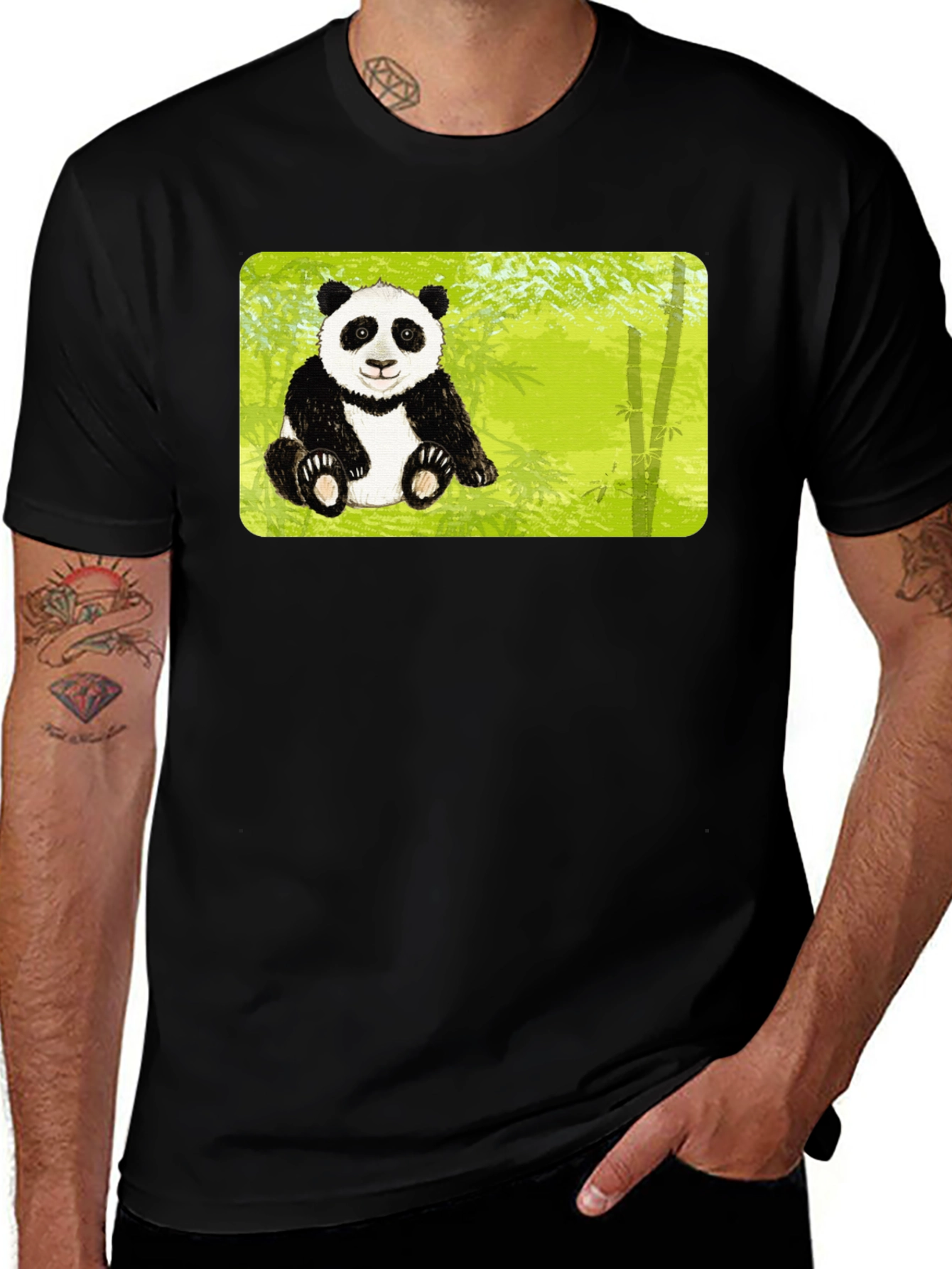 Variant 27 of Cute Panda Bear Bamboo Forest Black T-Shirt