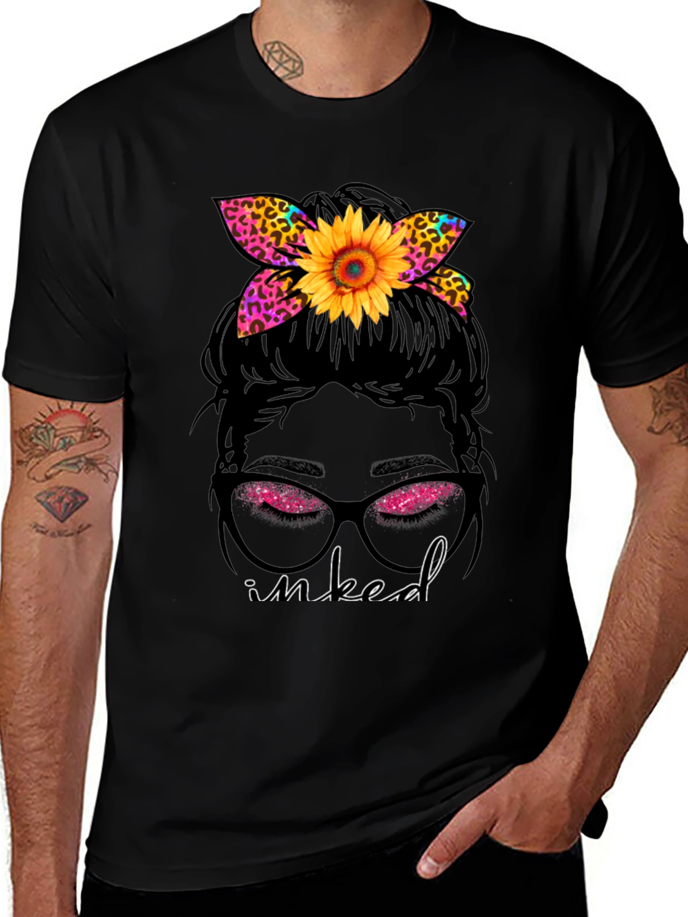 Inked Messy Bun Sunflower Leopard Print Tee