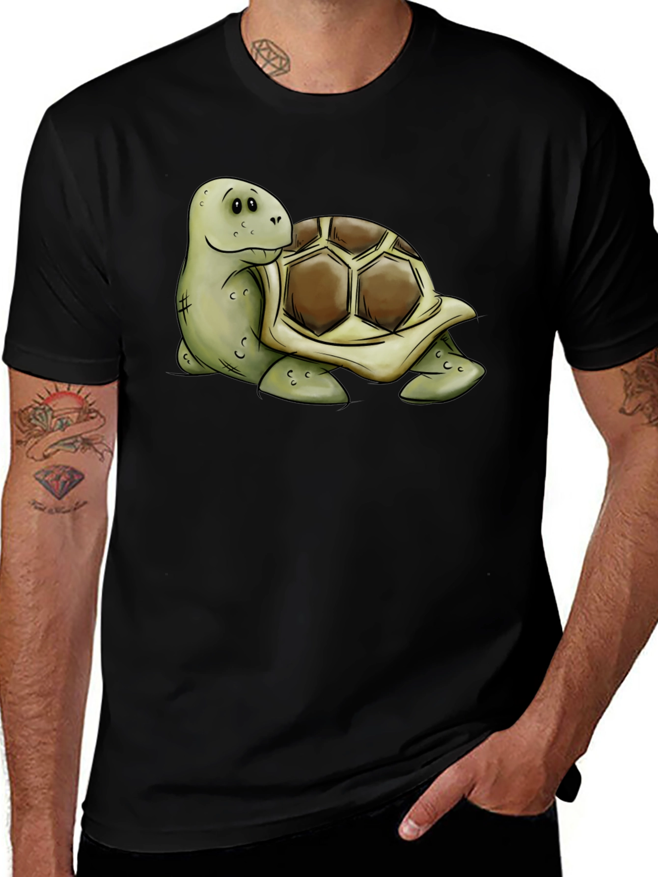 Variant 23 of Cute Turtle Graphic Tee - Black Cotton T-Shirt