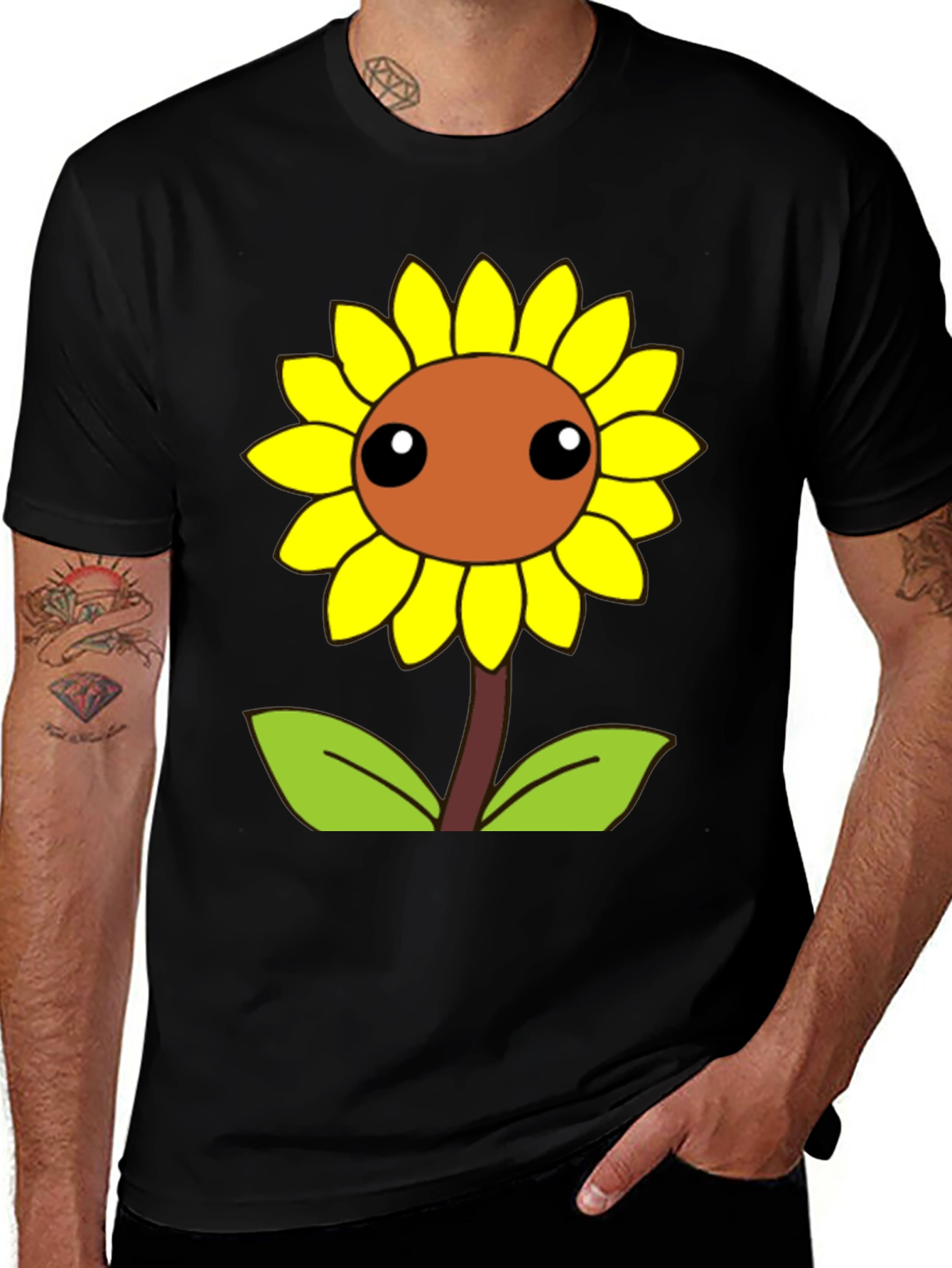 Variant 8 of Cute Cartoon Sunflower Graphic Black T-Shirt