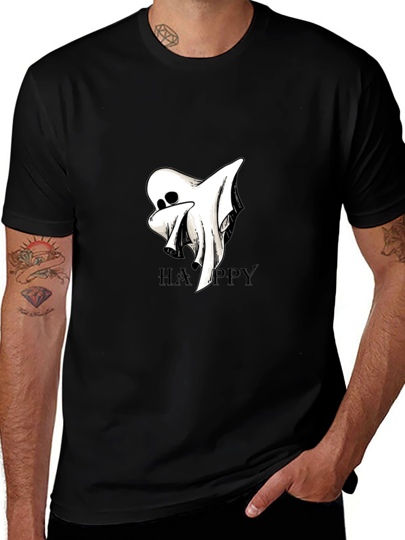 Variant 27 of Spooky Ghost Happy Graphic Black T-Shirt