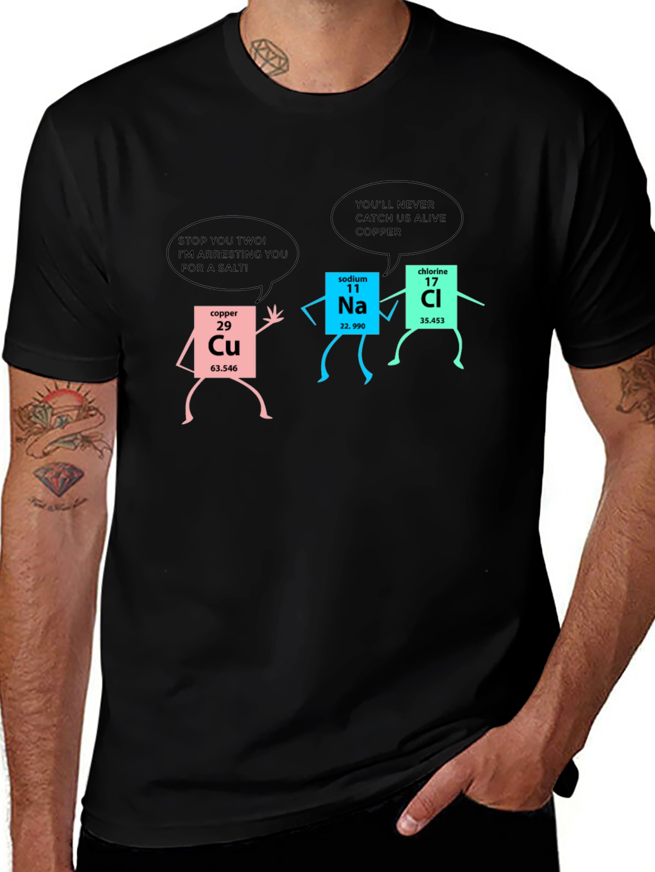 Variant 11 of Chemistry Pun T-Shirt: Copper Arresting Sodium & Chlorine!