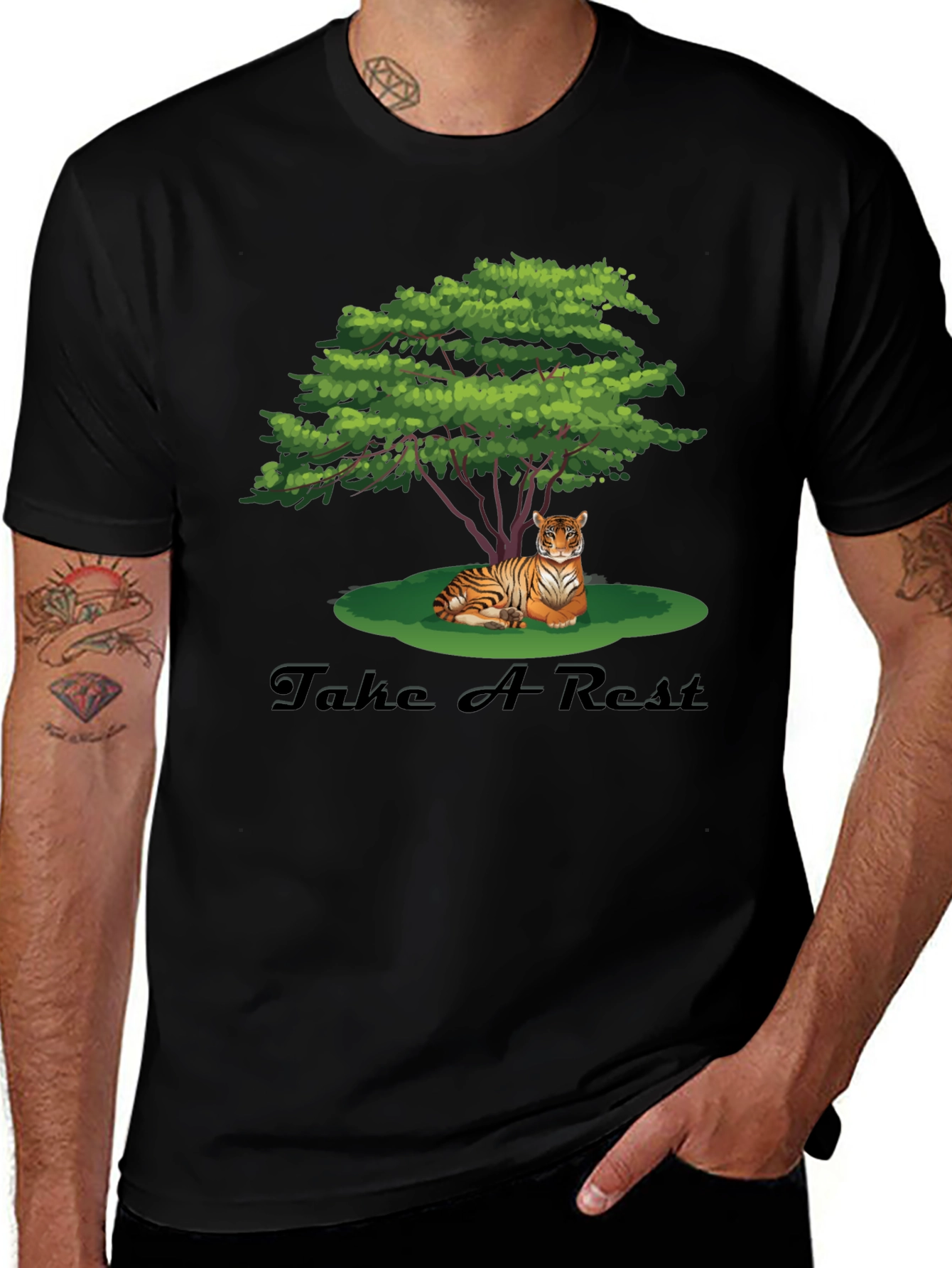 Variant 23 of Men's Black Tiger Resting Under Tree Graphic Tee