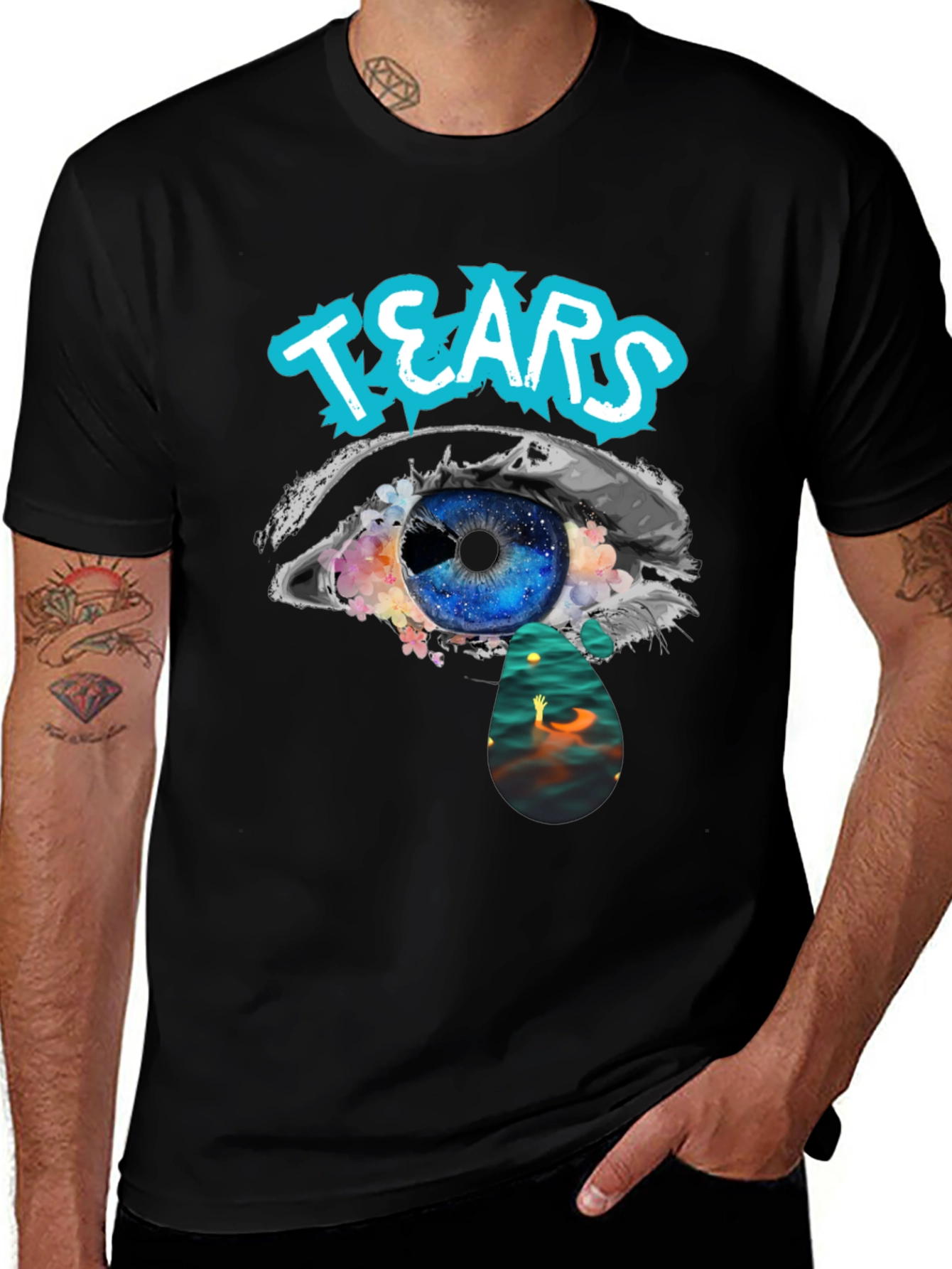 Tears Graphic Print Black Cotton T-Shirt