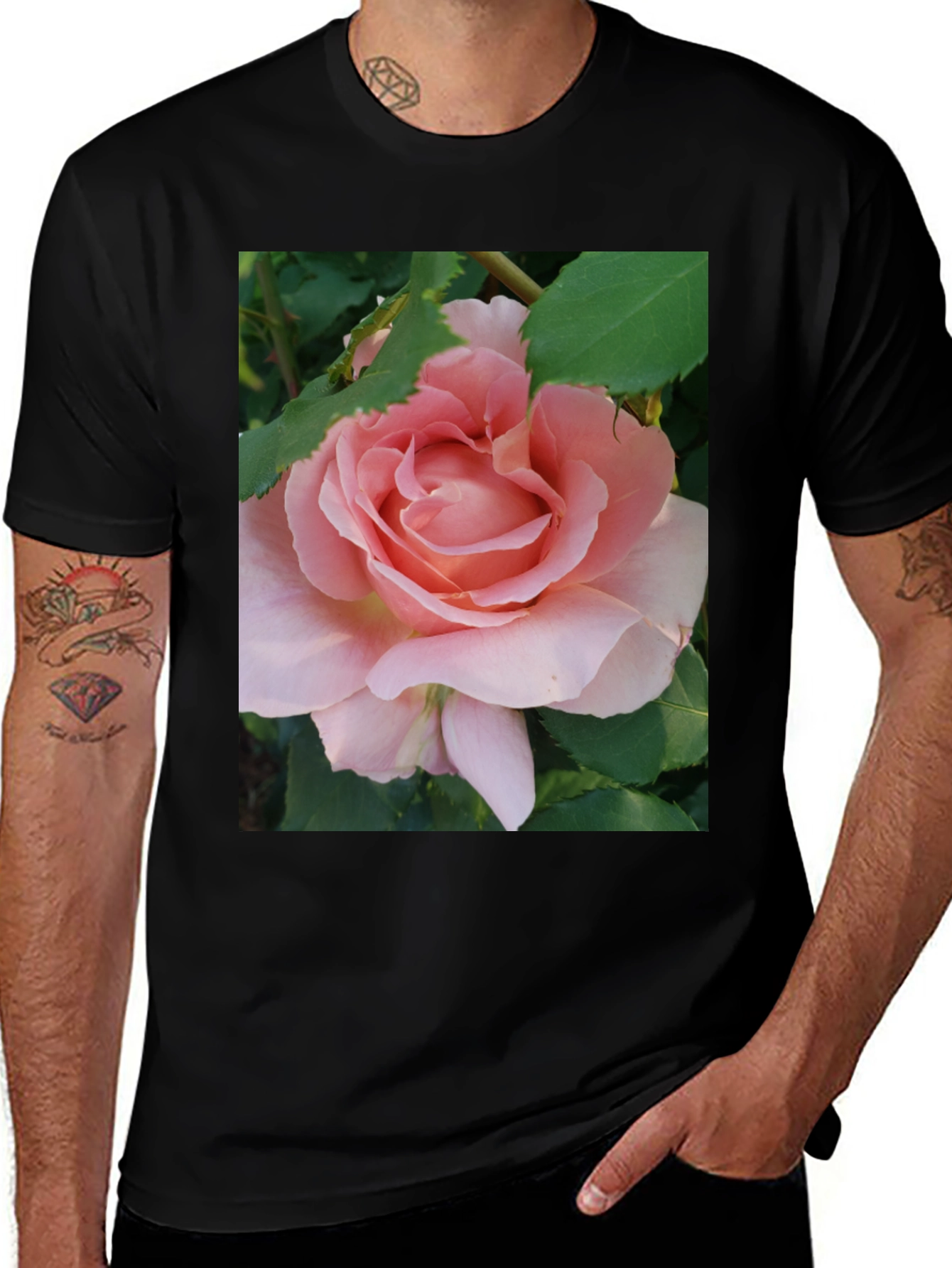 Variant 3 of Rose T-Shirt, Floral Design, Black Cotton Tee
