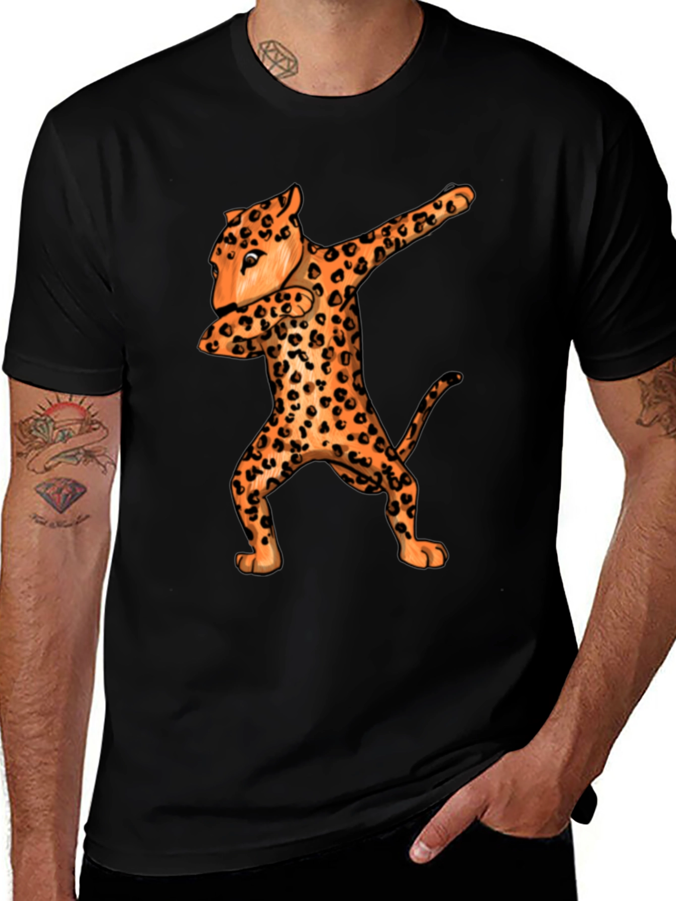 Variant 17 of Dabbing Leopard Graphic Tee - Black Crew Neck