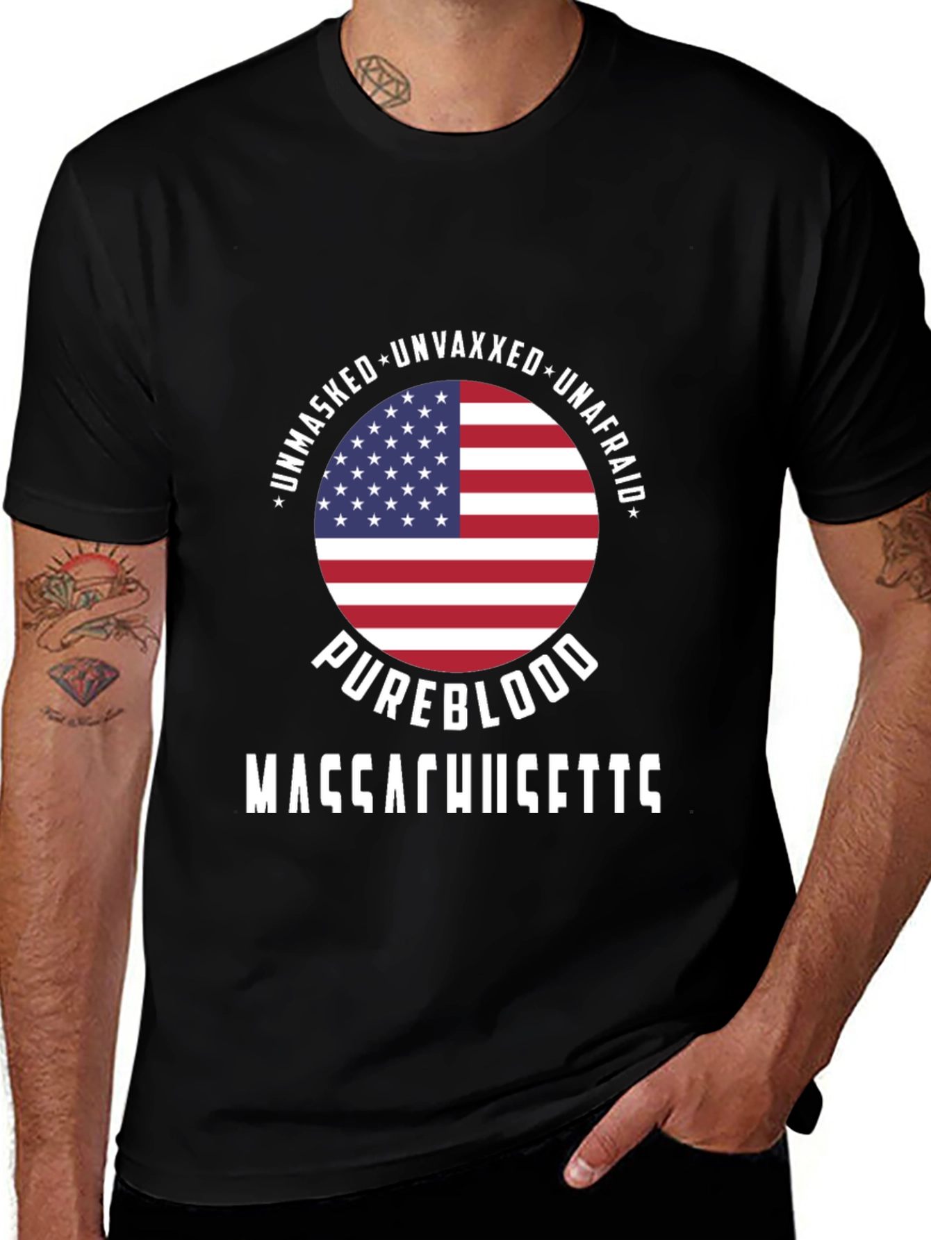 Variant 10 of Unmasked Unvaxxed Pureblood Massachusetts T-Shirt