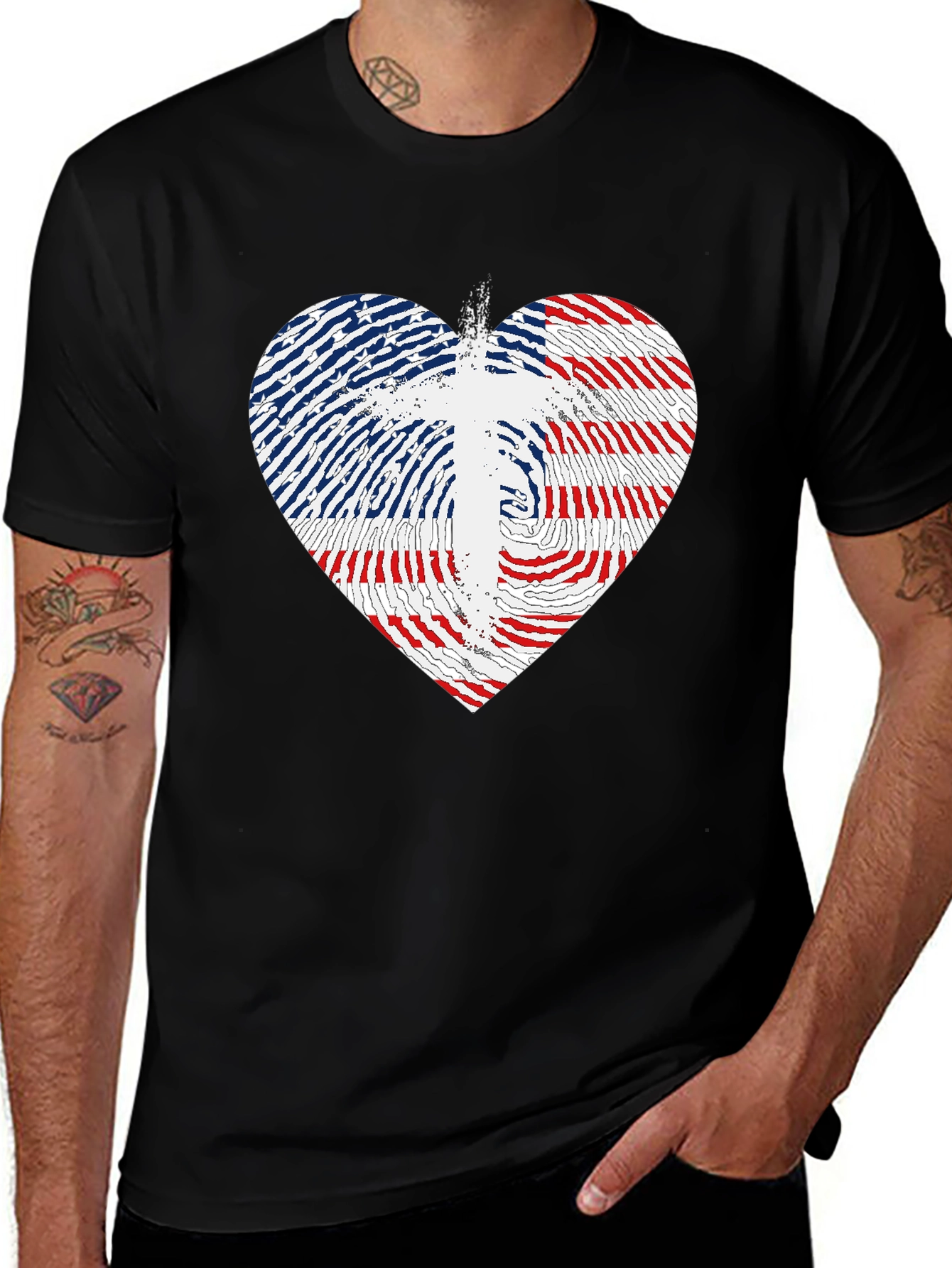 Variant 5 of USA Flag Heart & Cross Graphic Black T-Shirt