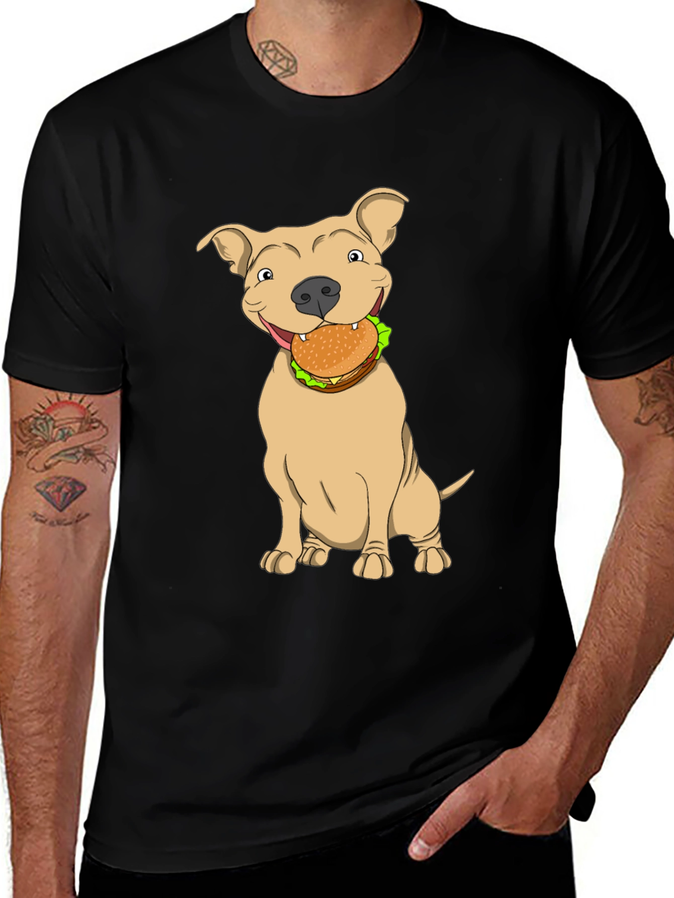 Variant 26 of Dog Eating Burger Graphic Tee - Black Cotton T-Shirt