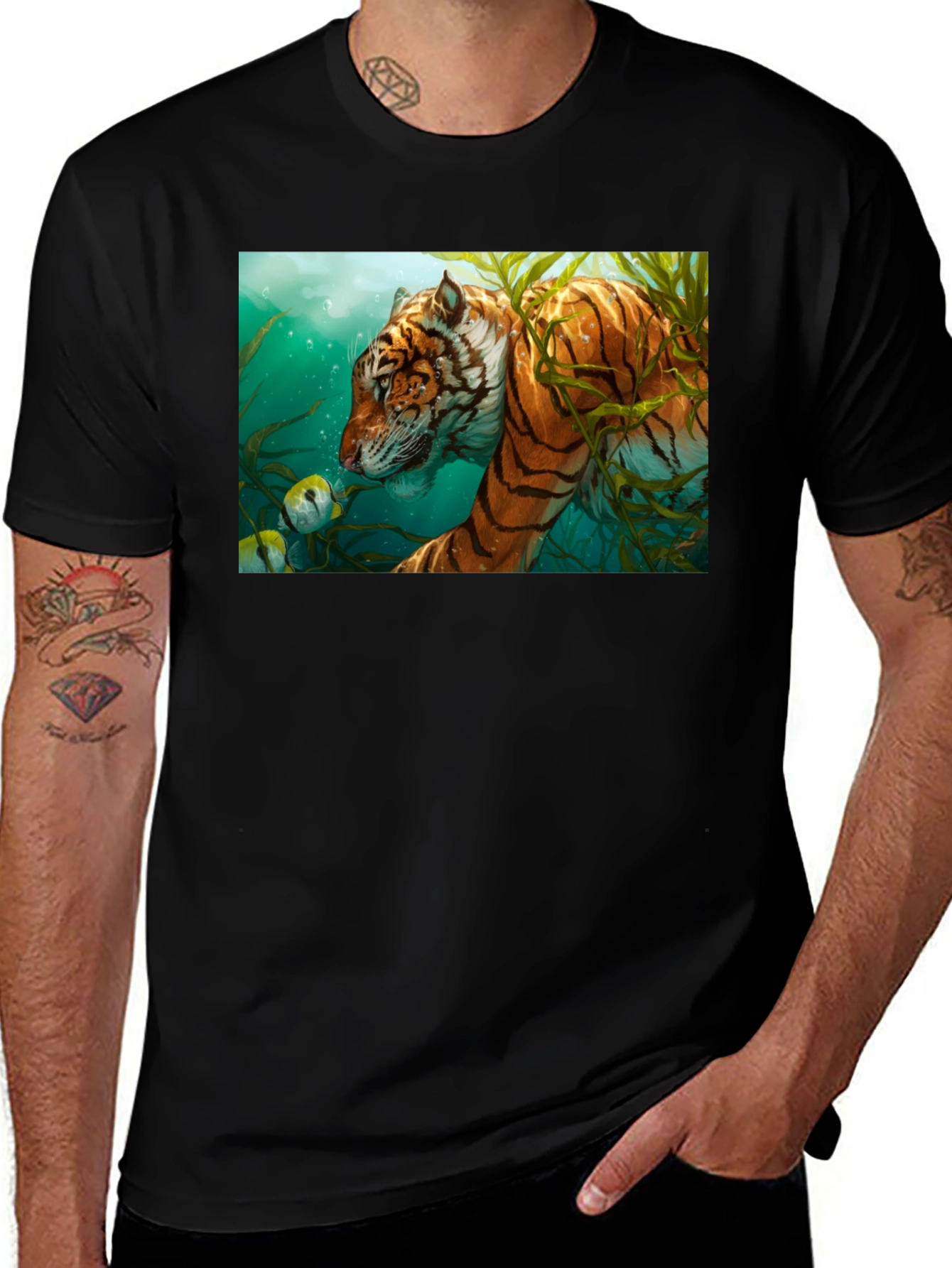 Variant 11 of Underwater Tiger Graphic Tee - Black Cotton T-Shirt