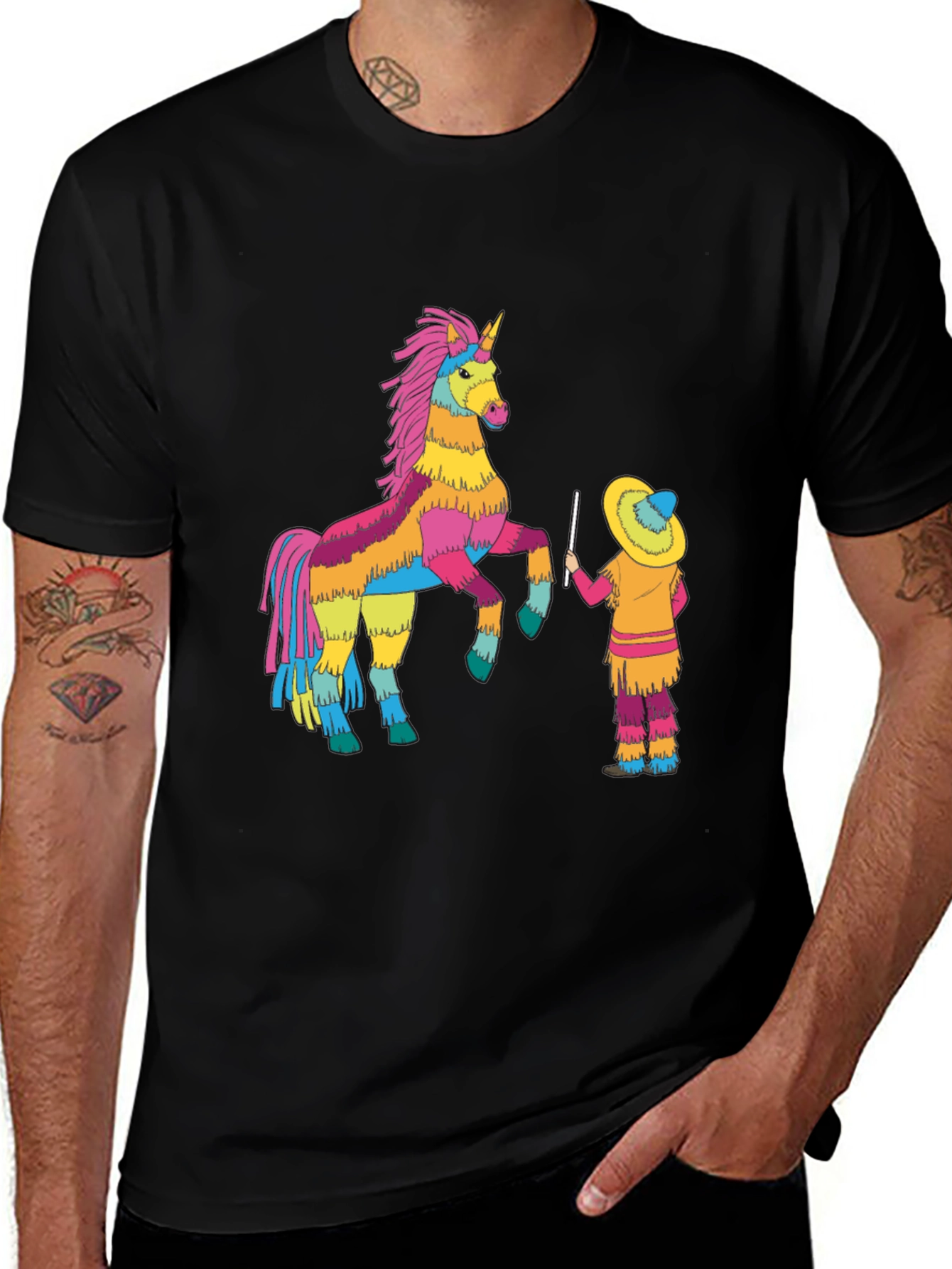 Variant 29 of Fiesta Fun T-Shirt: Piñata Unicorn & Sombrero Man