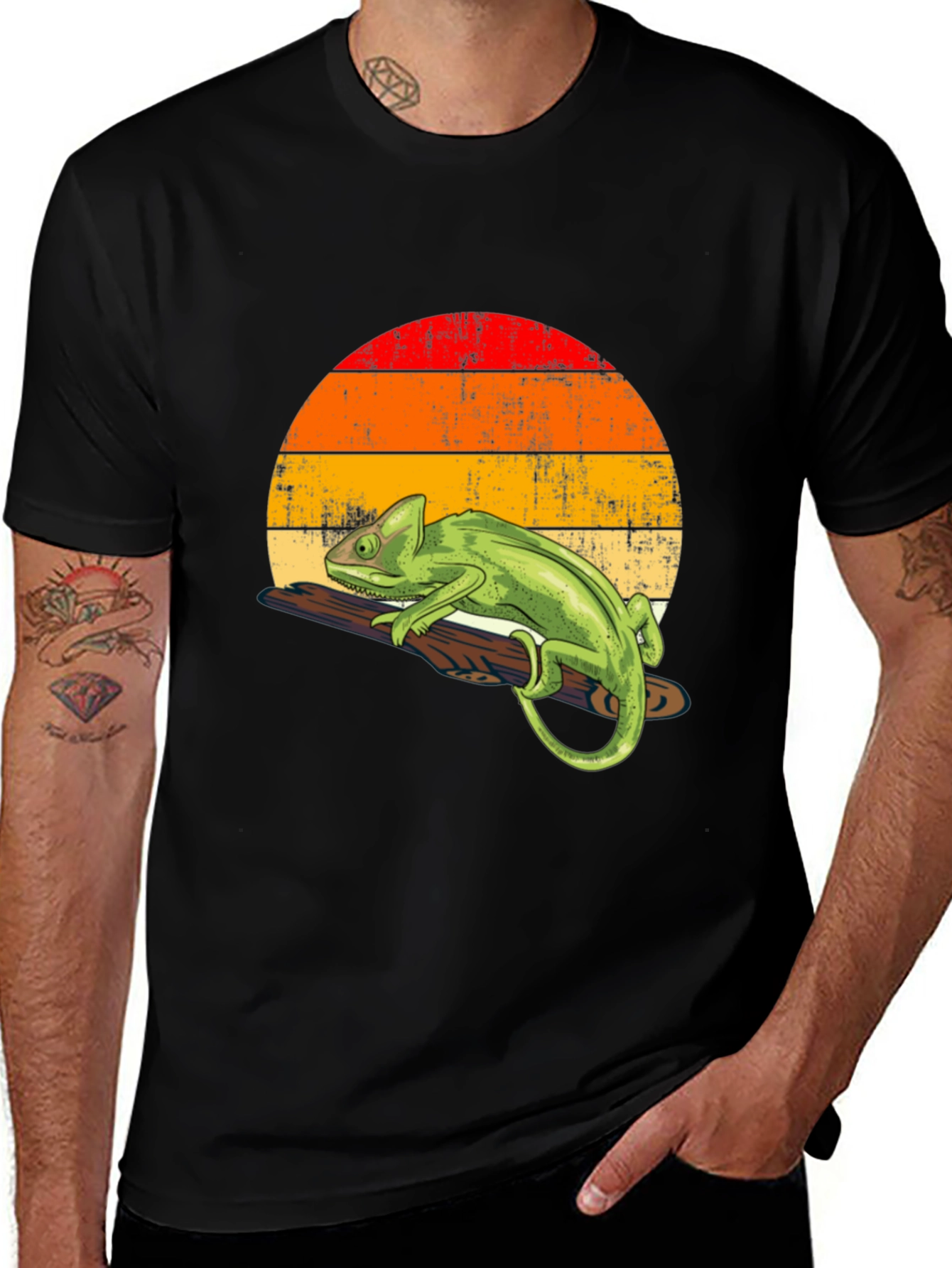 Variant 7 of Retro Chameleon Graphic Tee - Cool Lizard Sunset Design