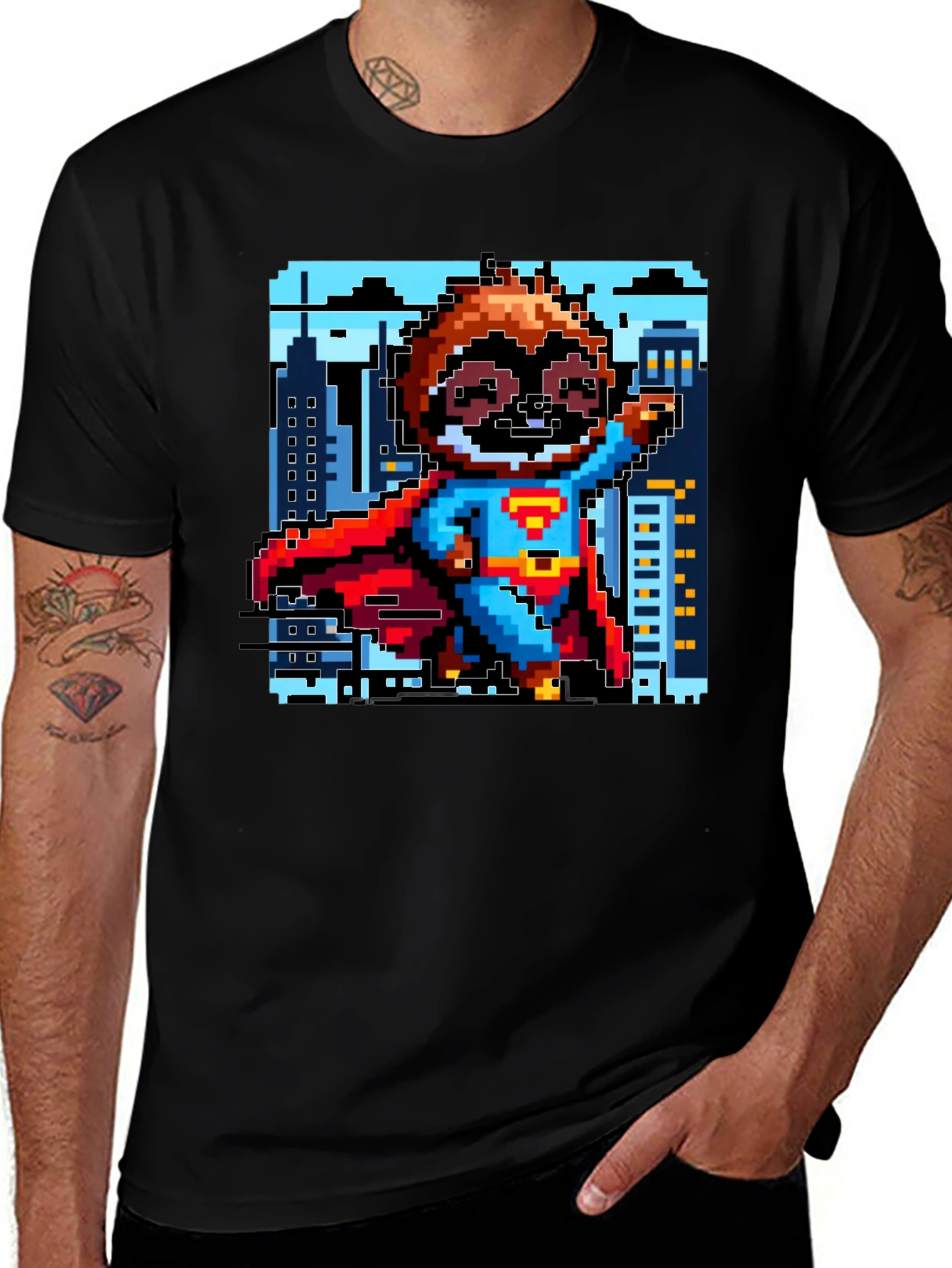 Variant 23 of Pixel Art Superhero Sloth T-Shirt