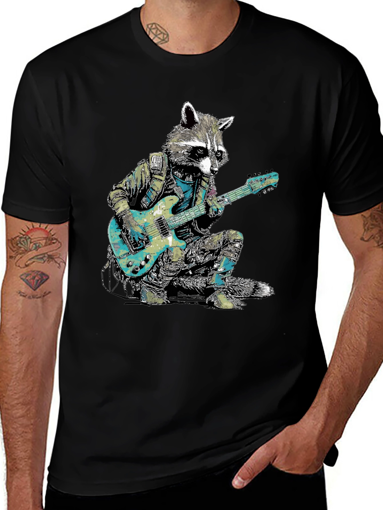Variant 29 of Raccoon Guitarist Graphic Tee - Black