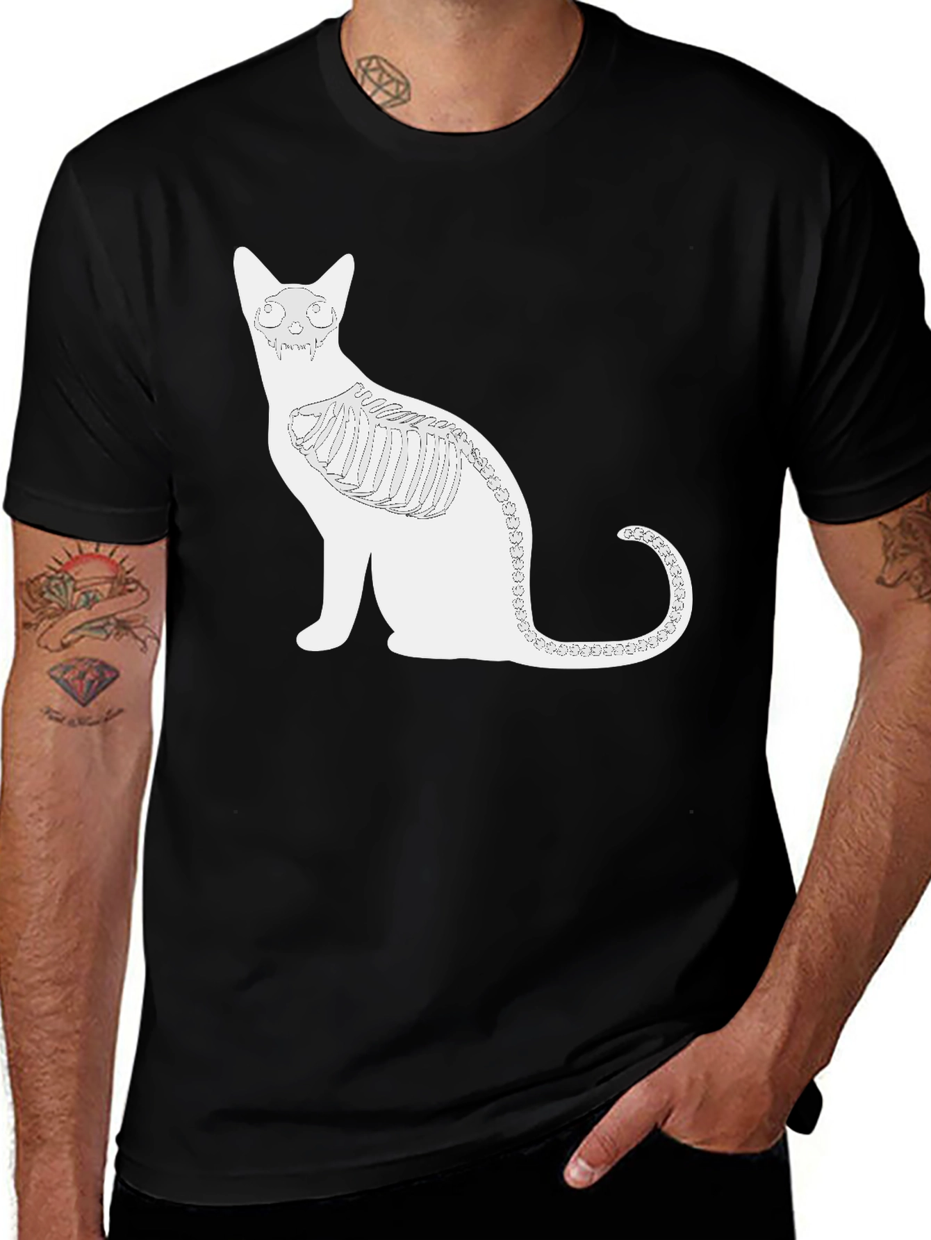 Variant 5 of Skeleton Cat Graphic Tee - Quirky Black T-Shirt