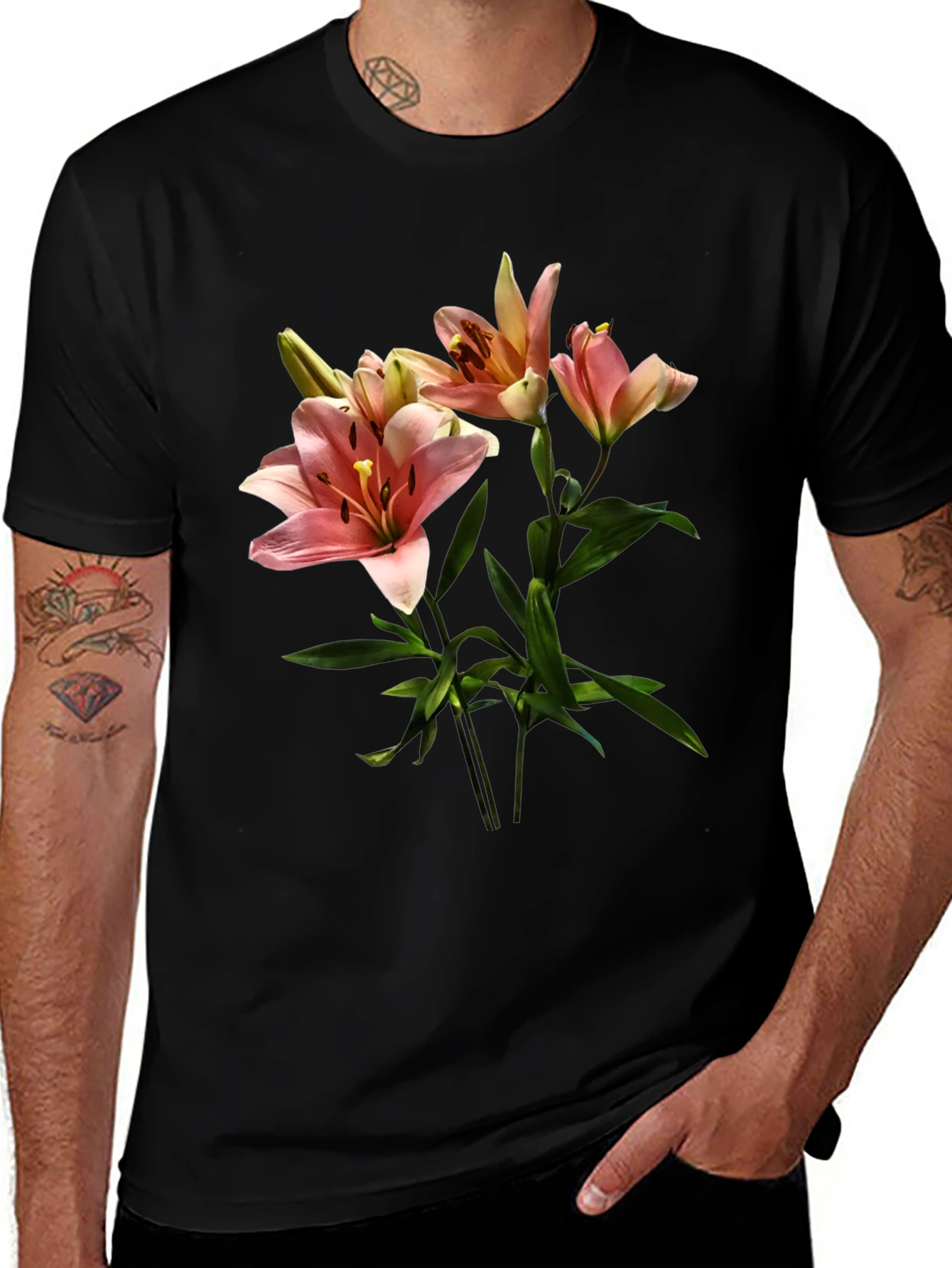 Variant 29 of Floral Lily Print Black T-Shirt