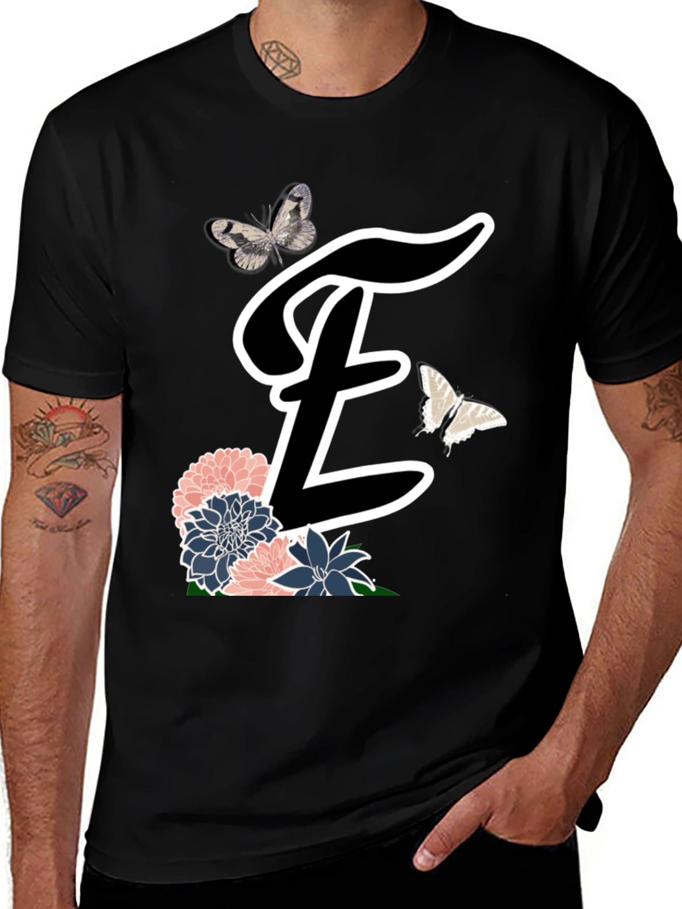 Variant 12 of Floral Letter E T-Shirt - Elegant Butterfly Design