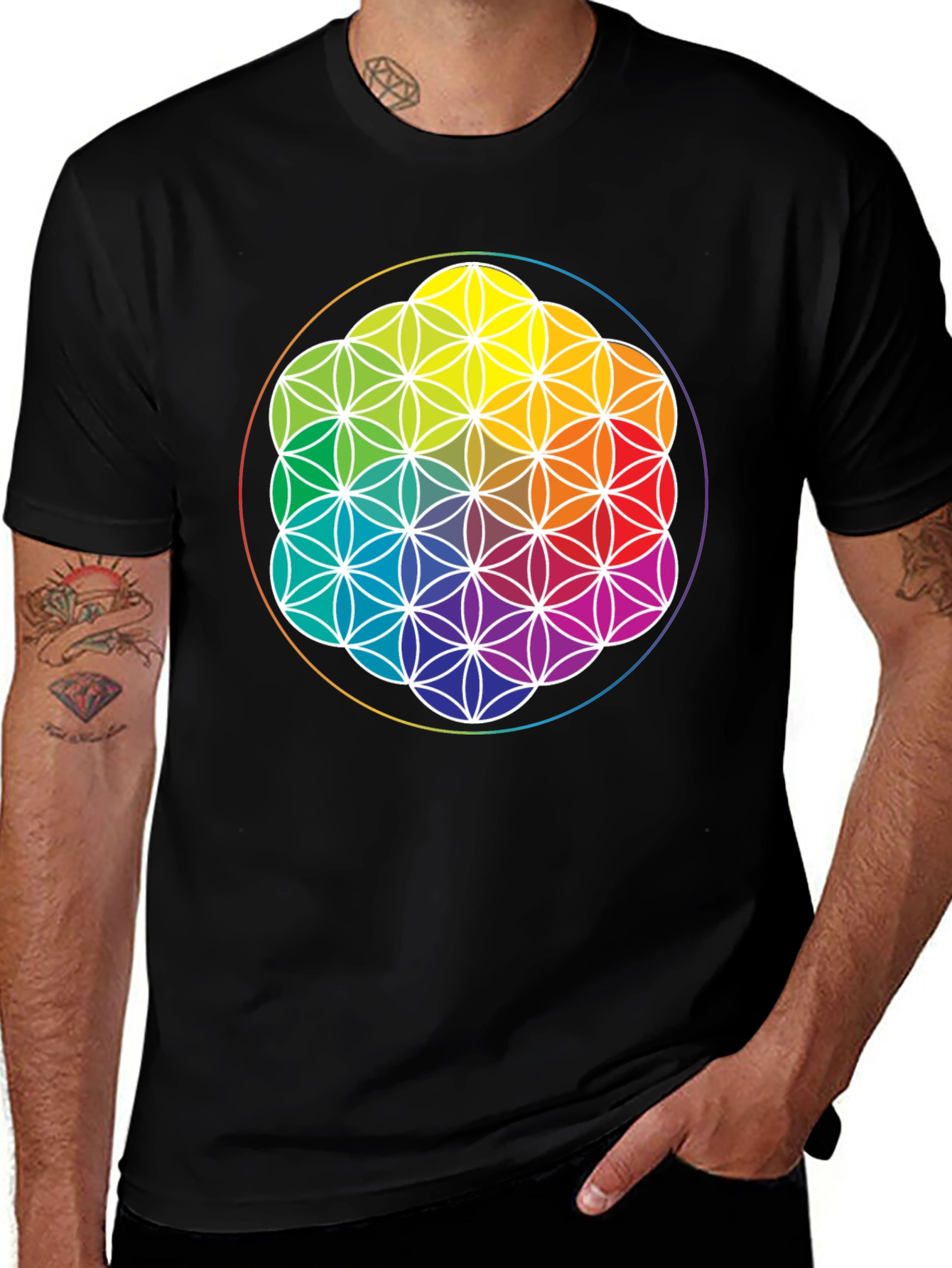 Variant 5 of Rainbow Flower of Life Black T-Shirt